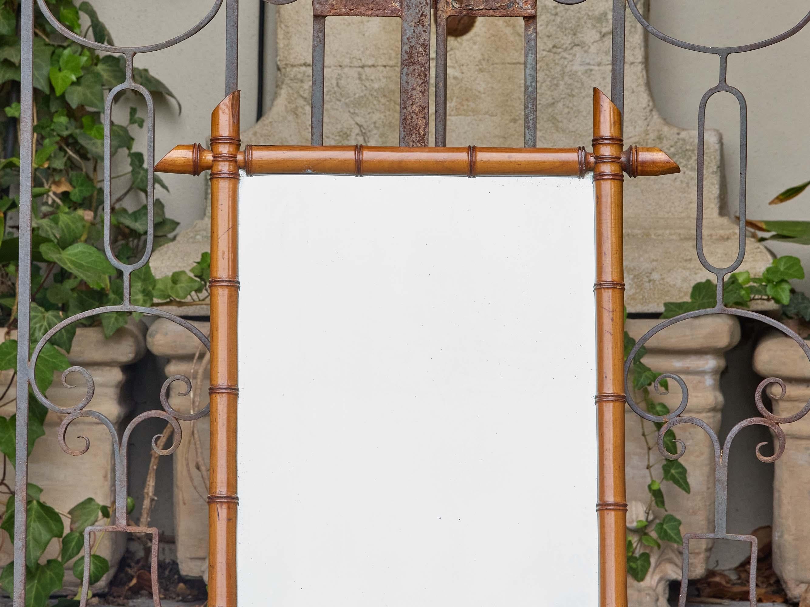 20th Century French Faux Bamboo Mirror with Carved Wood Frame, circa 1900 For Sale