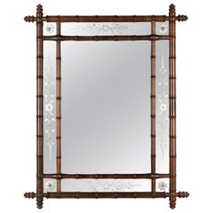 French Faux Bamboo Mirror with Etched Glass Panels