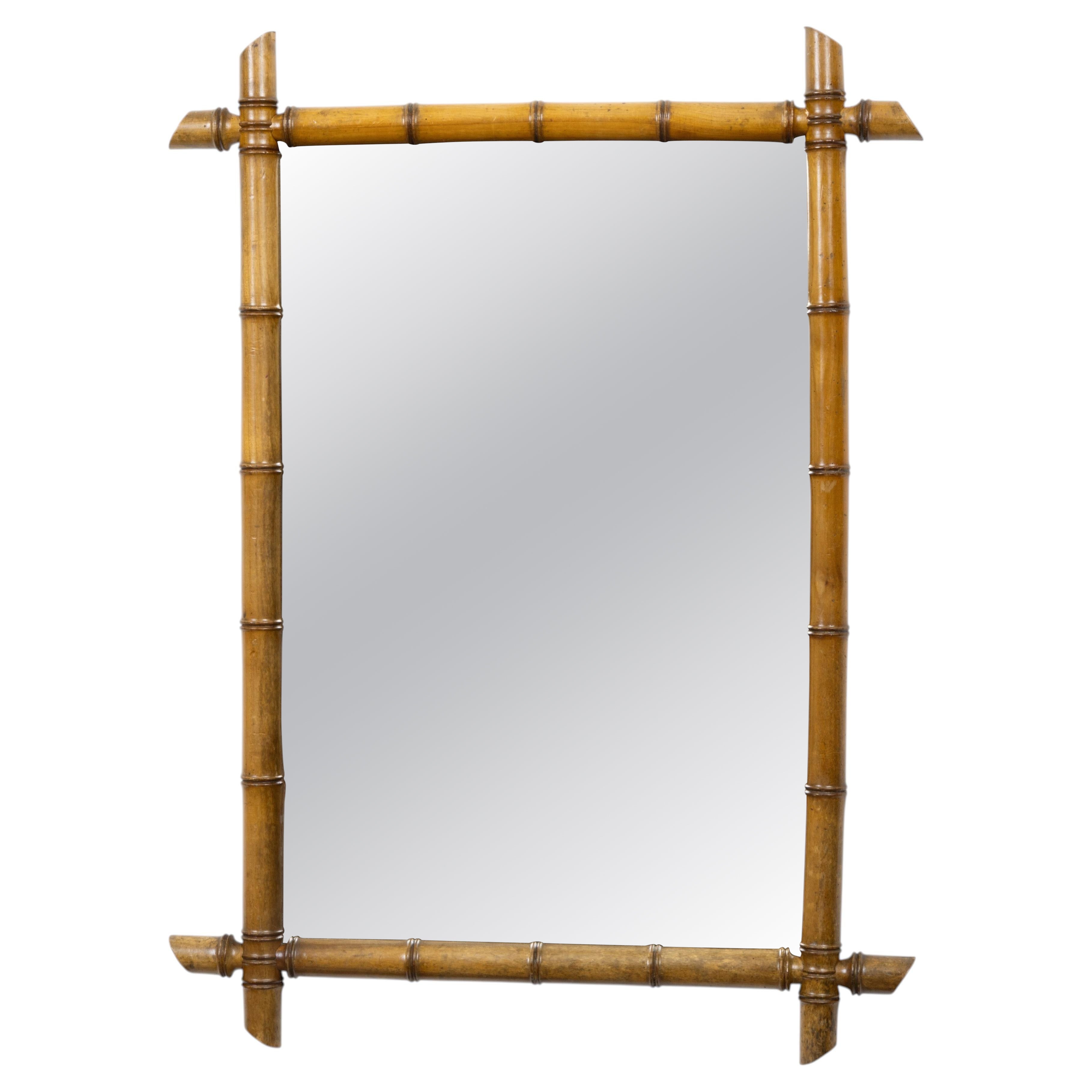 French Faux Bamboo Mirror with Honey-Toned Wood Frame, Circa 1900 For Sale