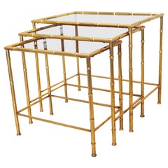 French Faux Bamboo Nesting or Stacking Tables with Smoked Glass Tops