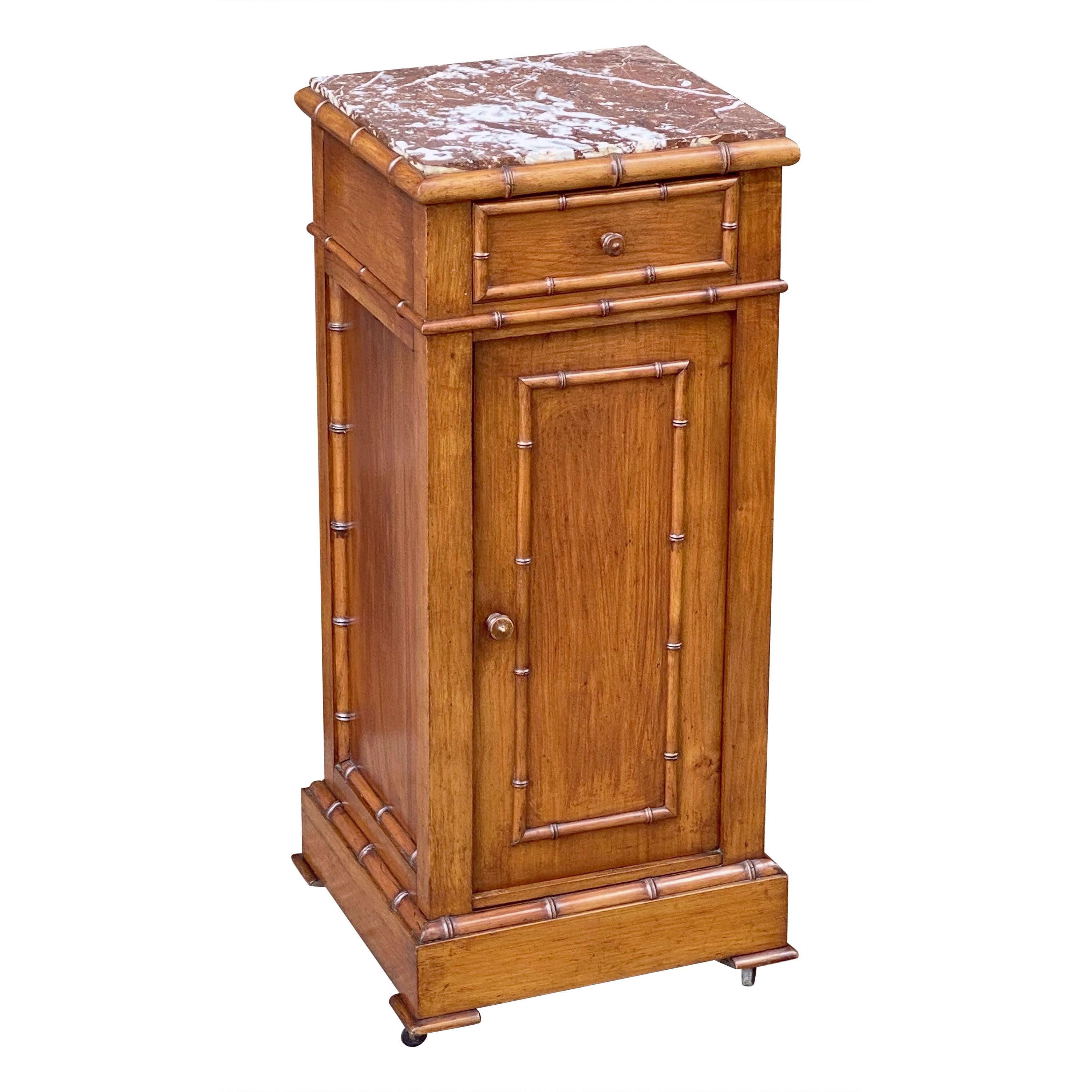 French Faux Bamboo Nightstand or Bedside Table with Marble Top