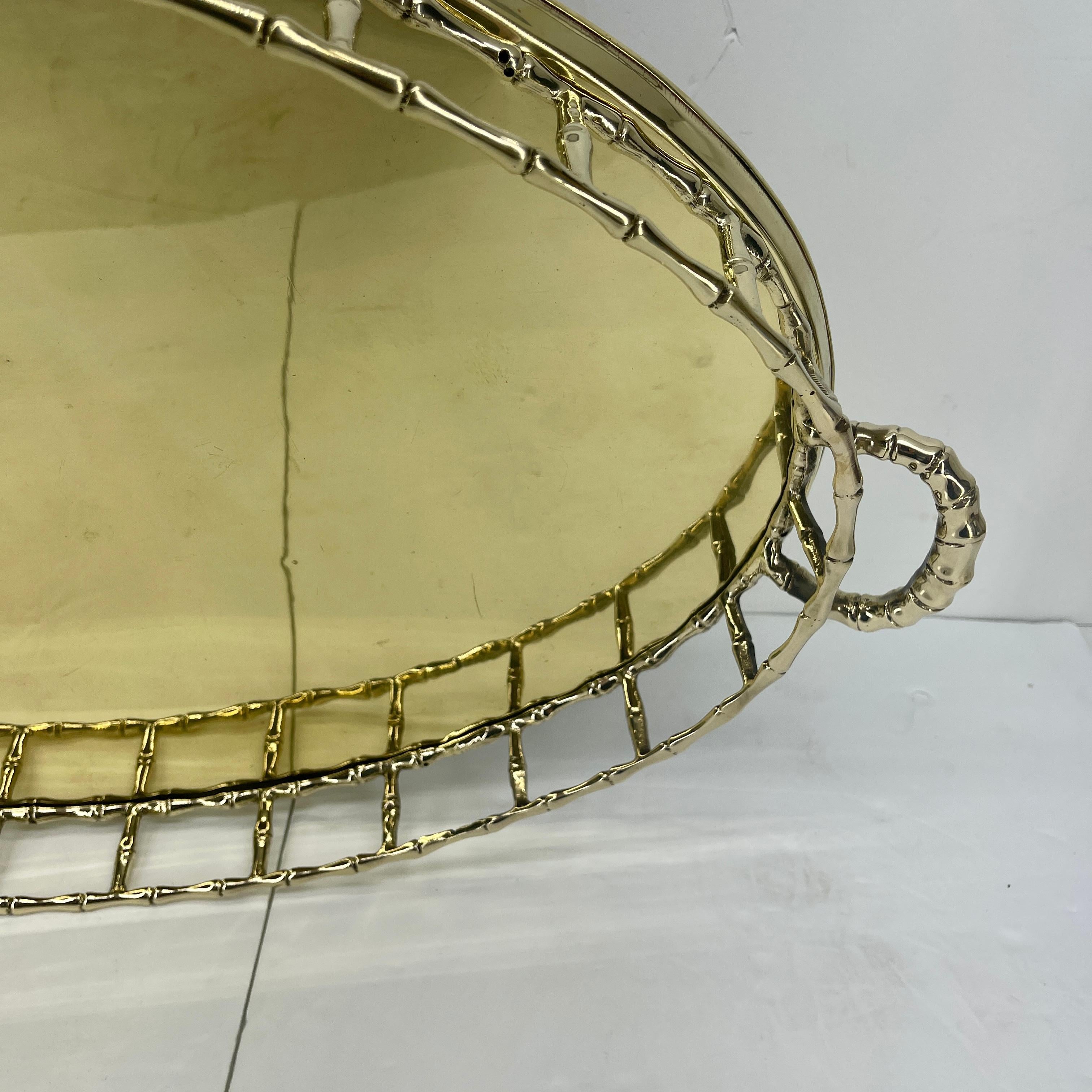 French Faux Bamboo Oval Brass Serving Tray, circa 1950's, Hollywood Regency 6