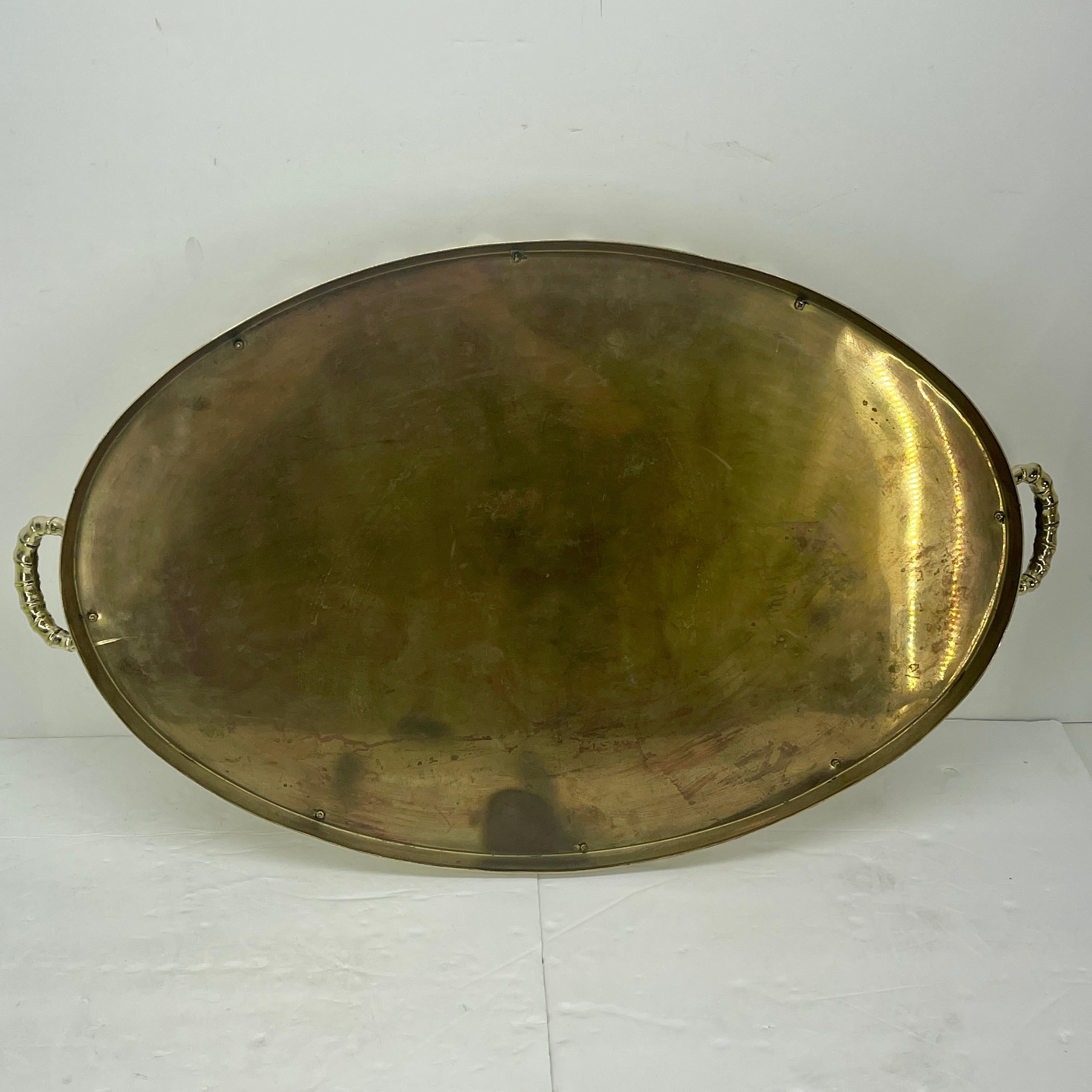 French Faux Bamboo Oval Brass Serving Tray, circa 1950's, Hollywood Regency 8