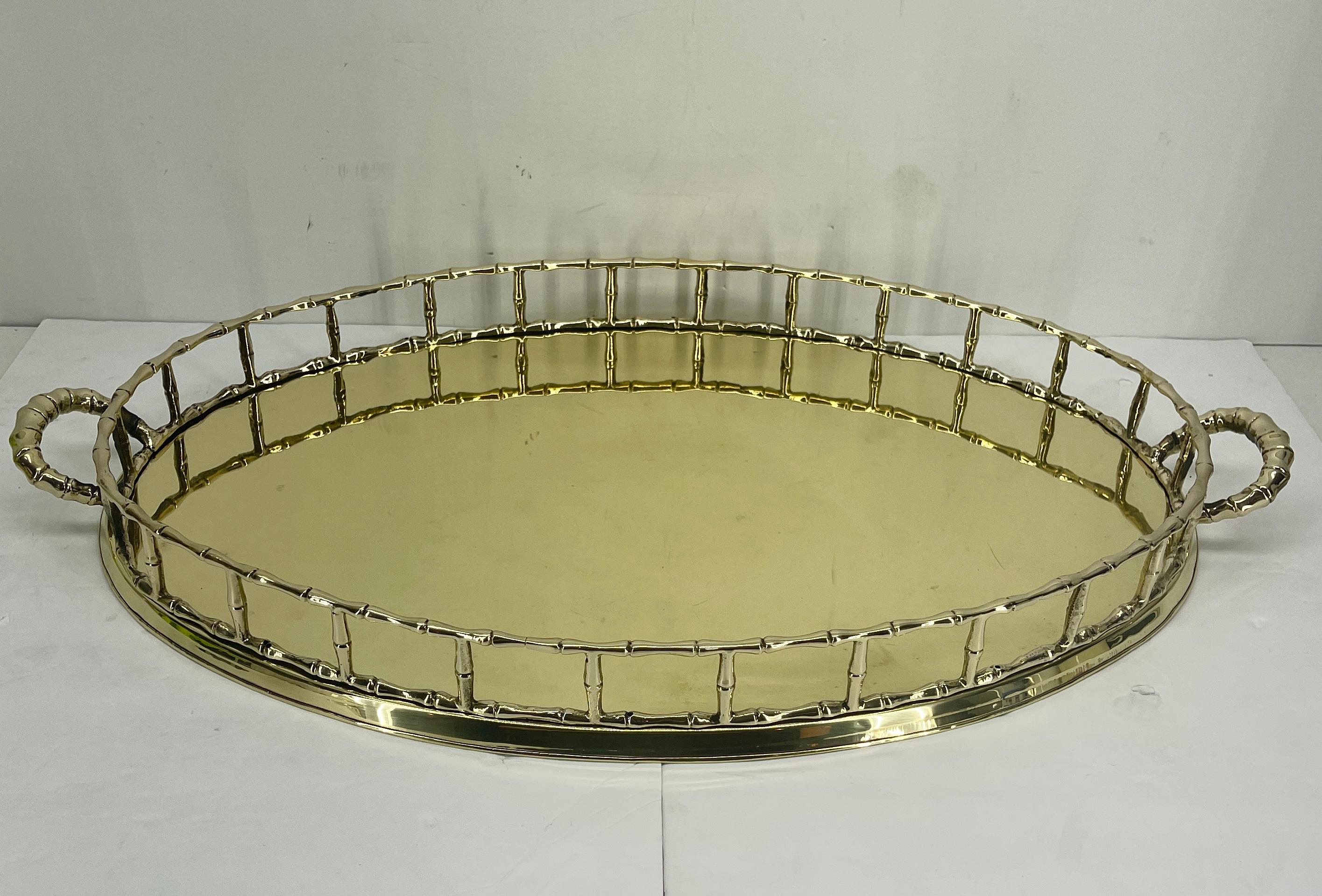 Polished French Faux Bamboo Oval Brass Serving Tray, circa 1950's, Hollywood Regency