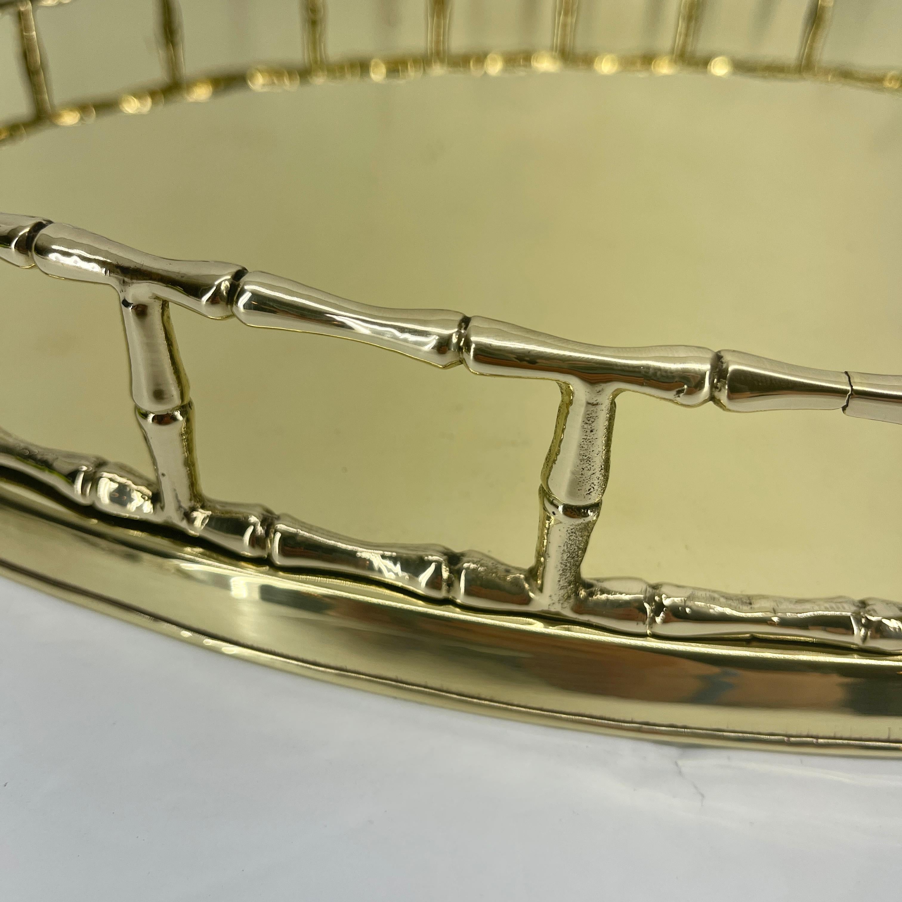 French Faux Bamboo Oval Brass Serving Tray, circa 1950's, Hollywood Regency In Good Condition In Haddonfield, NJ