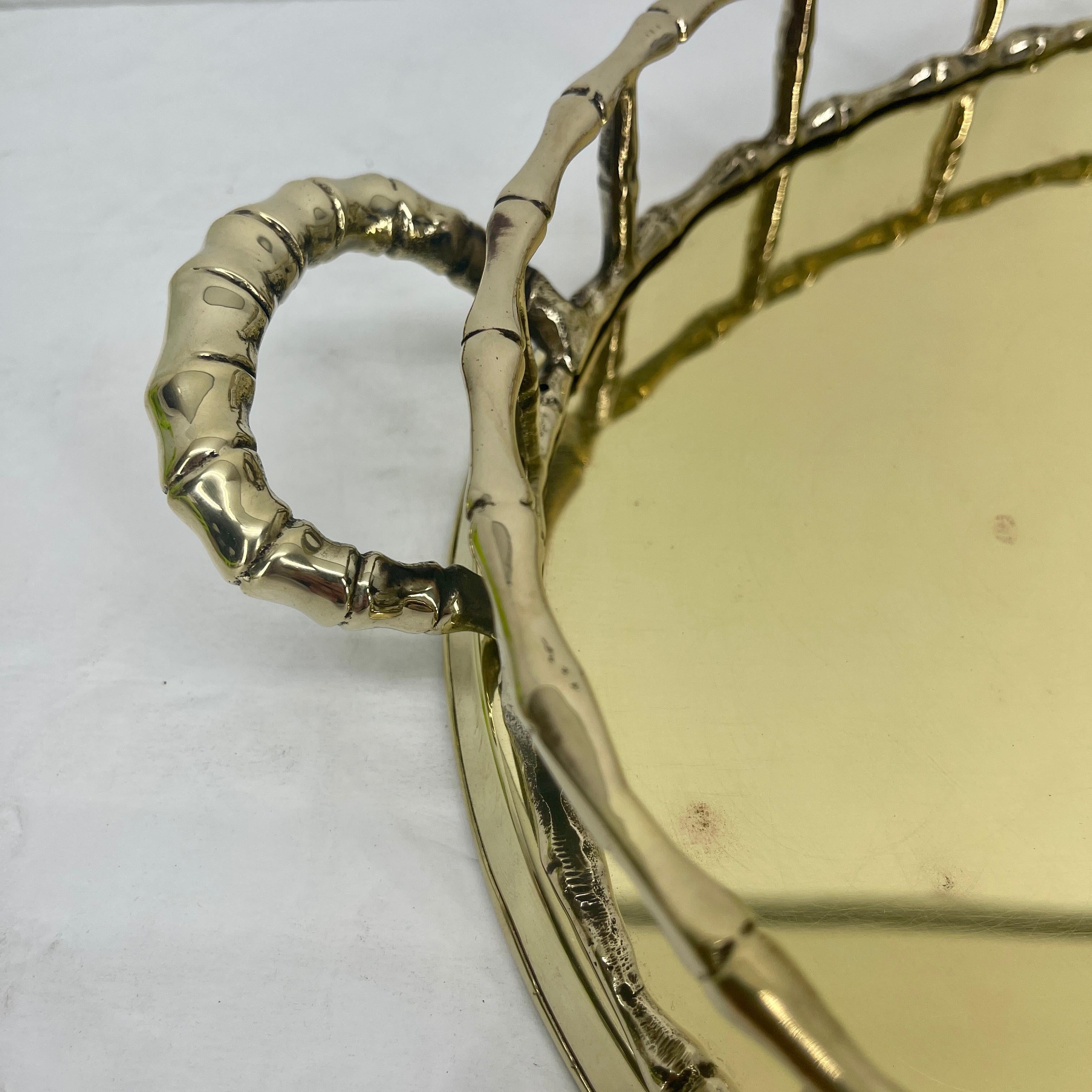 Mid-20th Century French Faux Bamboo Oval Brass Serving Tray, circa 1950's, Hollywood Regency