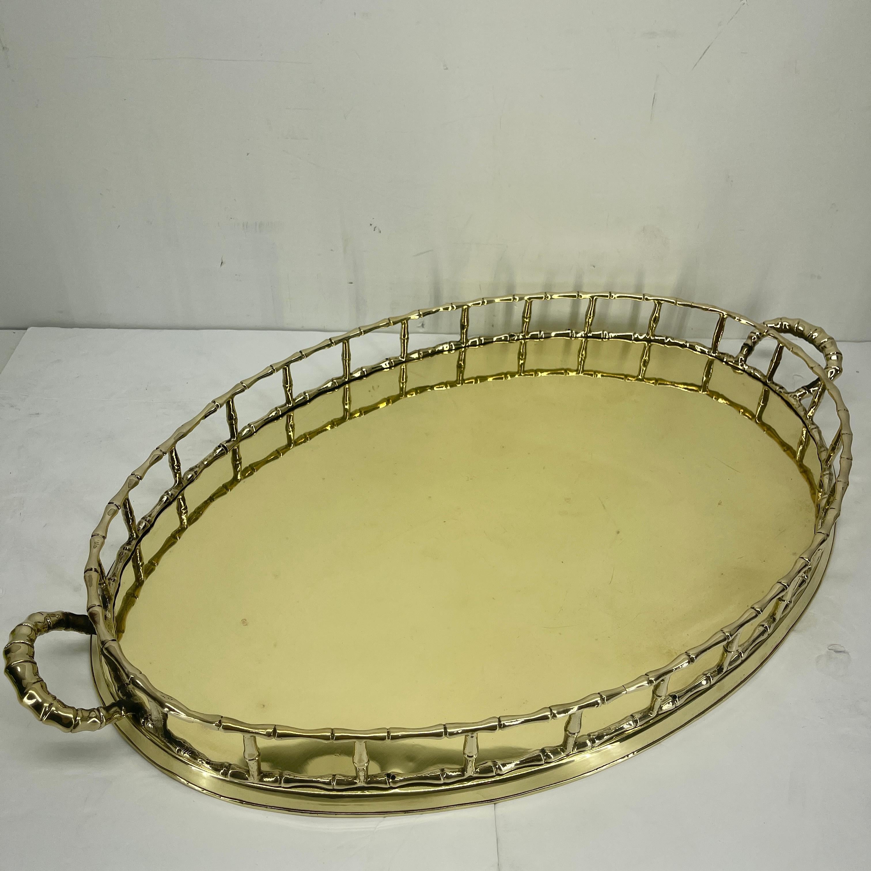 French Faux Bamboo Oval Brass Serving Tray, circa 1950's, Hollywood Regency 3