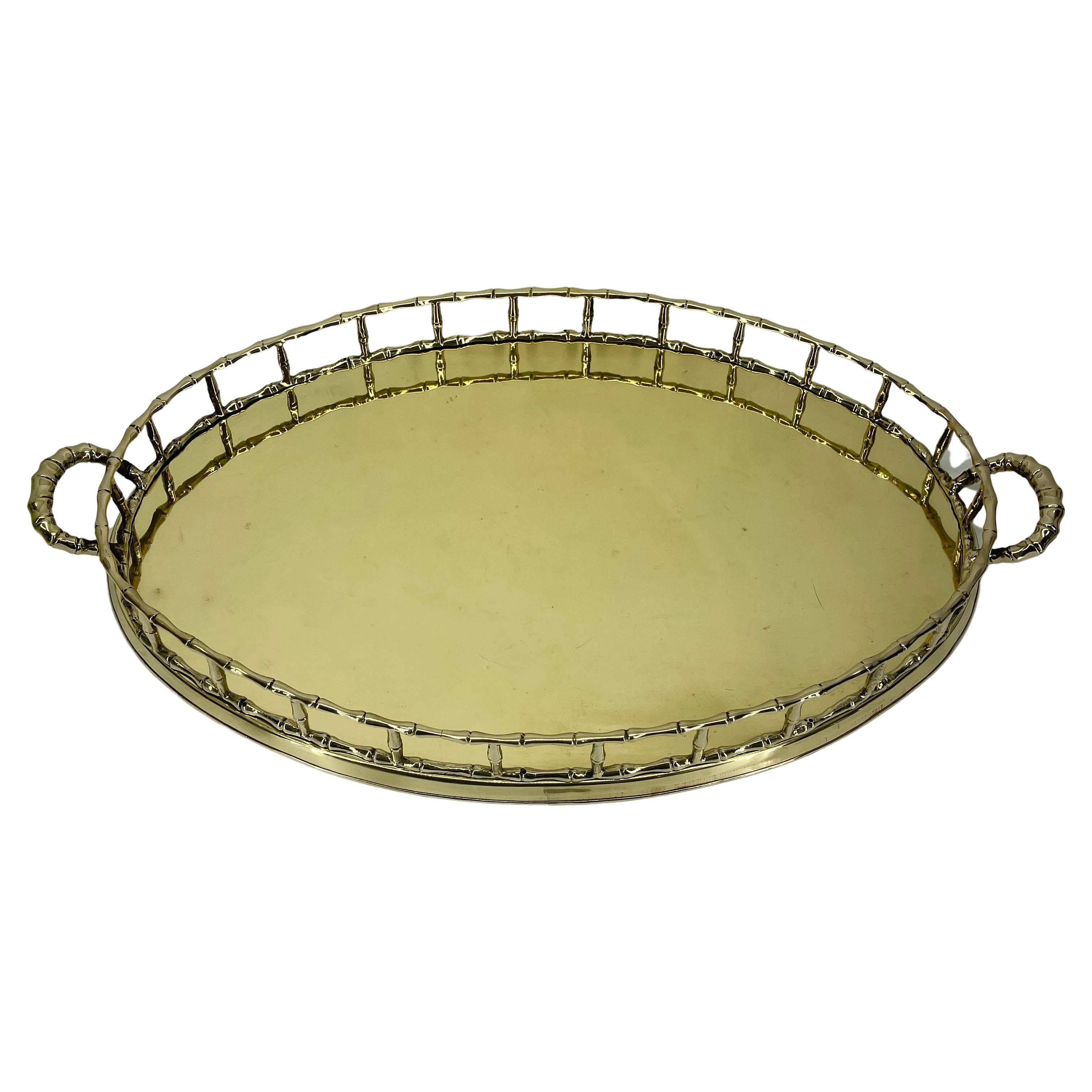 French Faux Bamboo Oval Brass Serving Tray, circa 1950's, Hollywood Regency