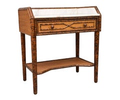 French Faux Bamboo Rattan Side Table with Marble Top