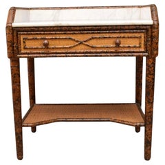 French Faux Bamboo Rattan Side Table with Marble Top