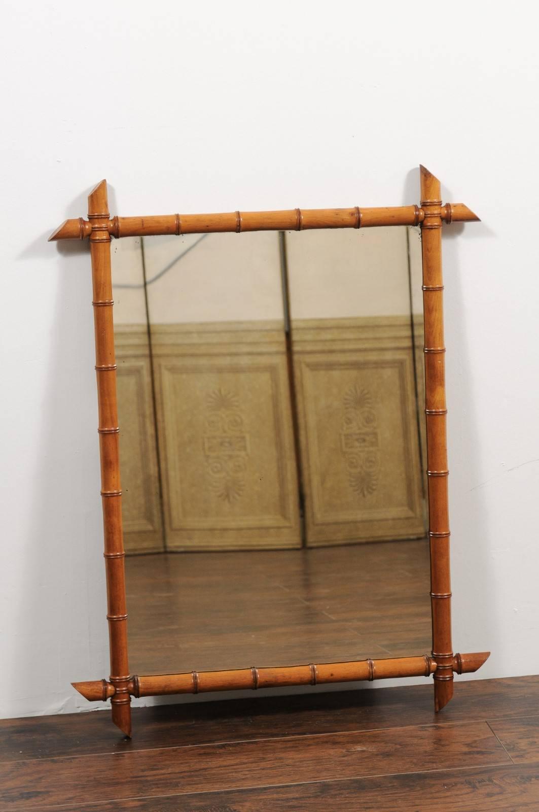 Turned French Faux-Bamboo Rectangular Mirror, circa 1930 with Honey Color