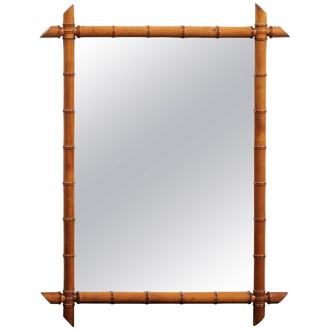 French Faux-Bamboo Rectangular Mirror, circa 1930 with Honey Color