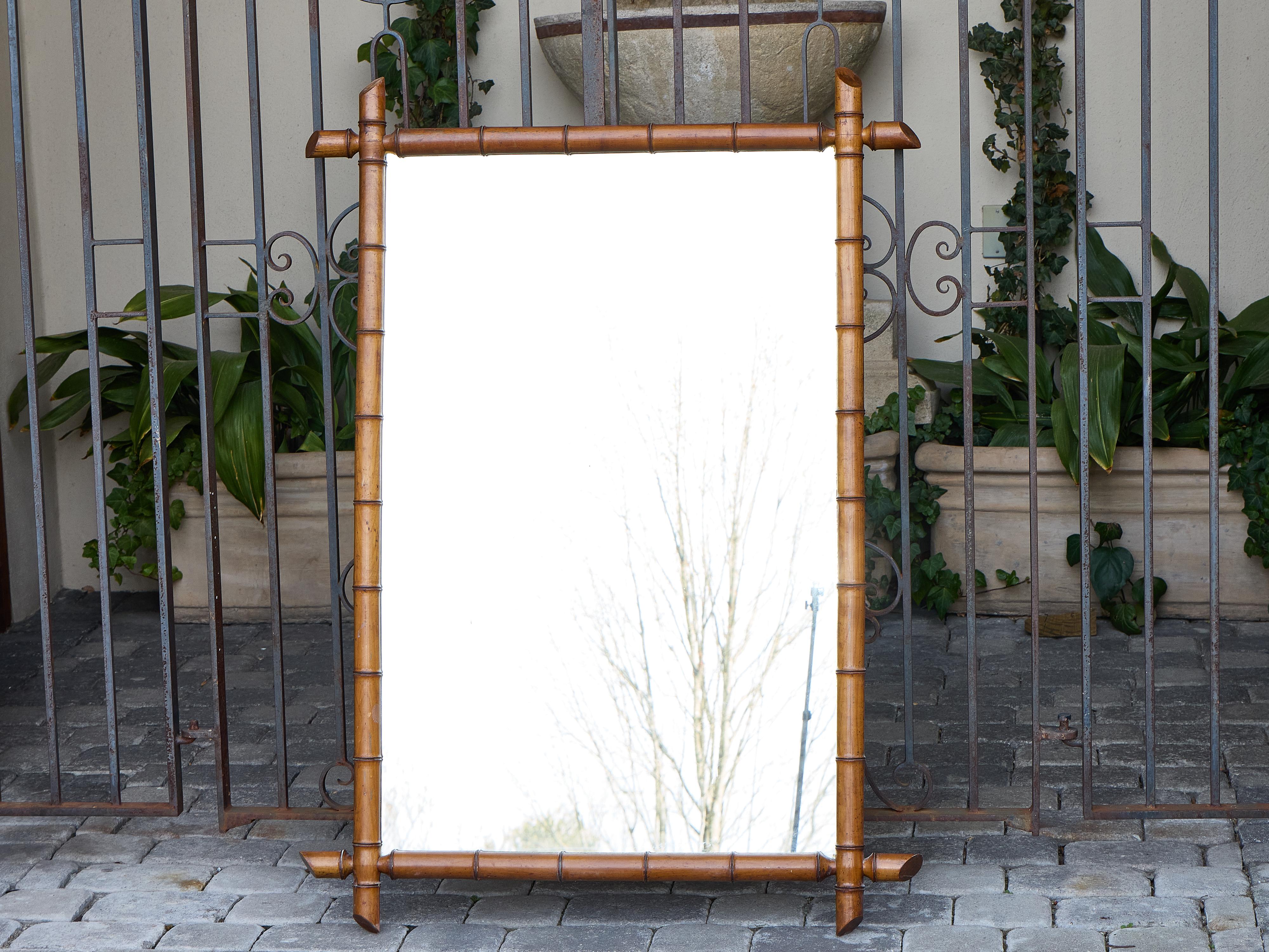 French Faux Bamboo Rectangular Mirror with Carved Frame, circa 1920 For Sale 11