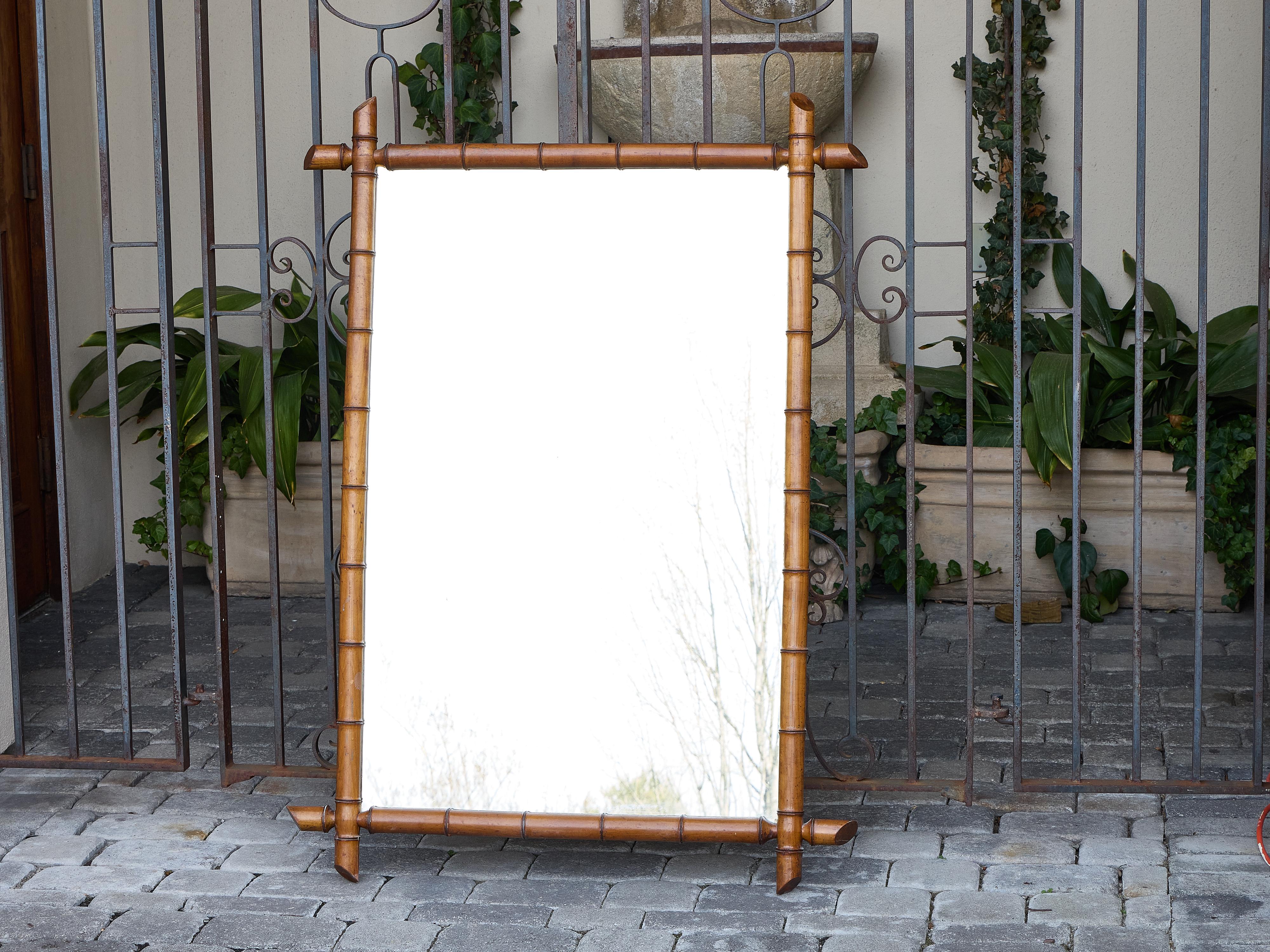 Rustic French Faux Bamboo Rectangular Mirror with Carved Frame, circa 1920 For Sale