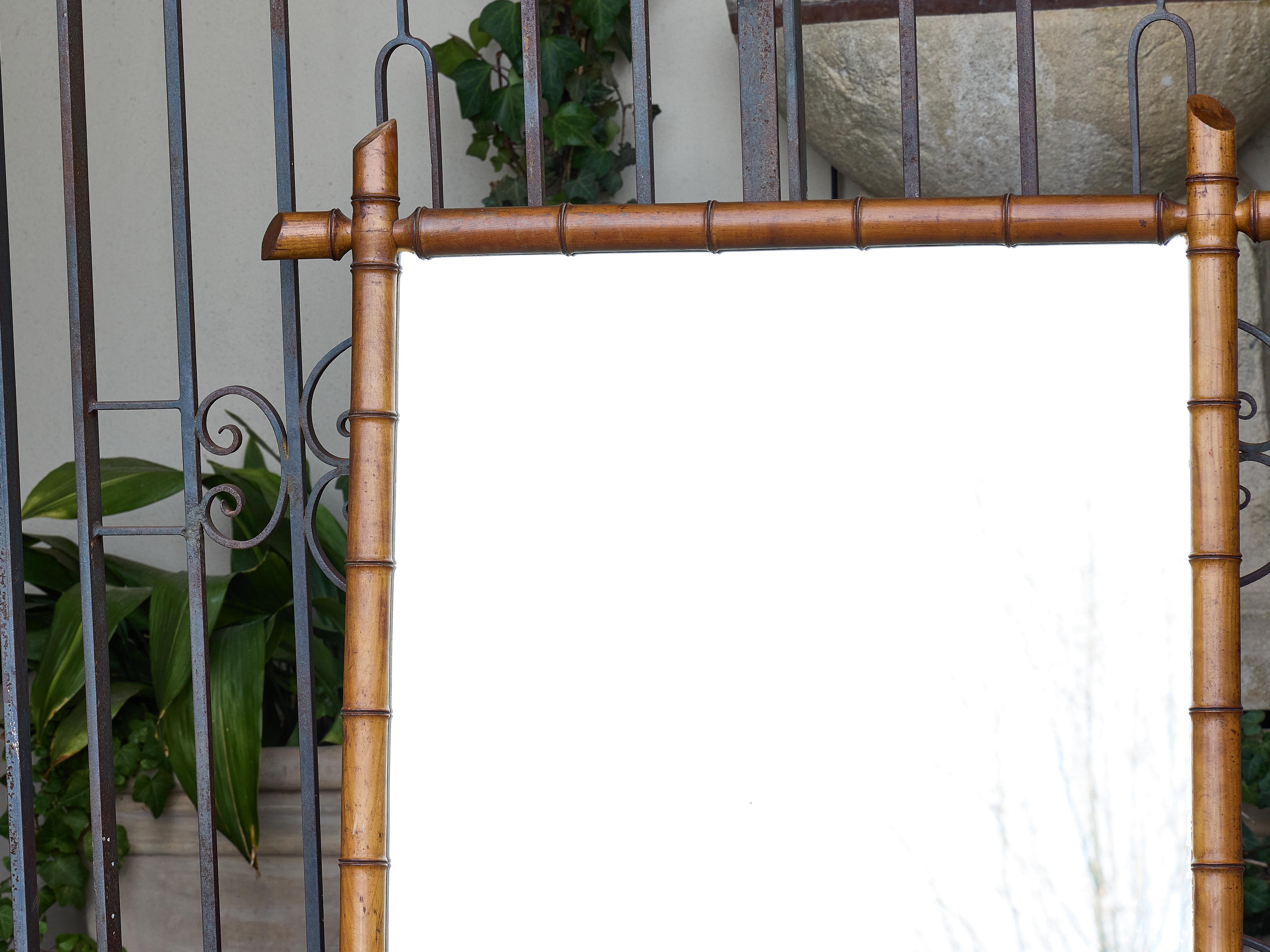 20th Century French Faux Bamboo Rectangular Mirror with Carved Frame, circa 1920 For Sale