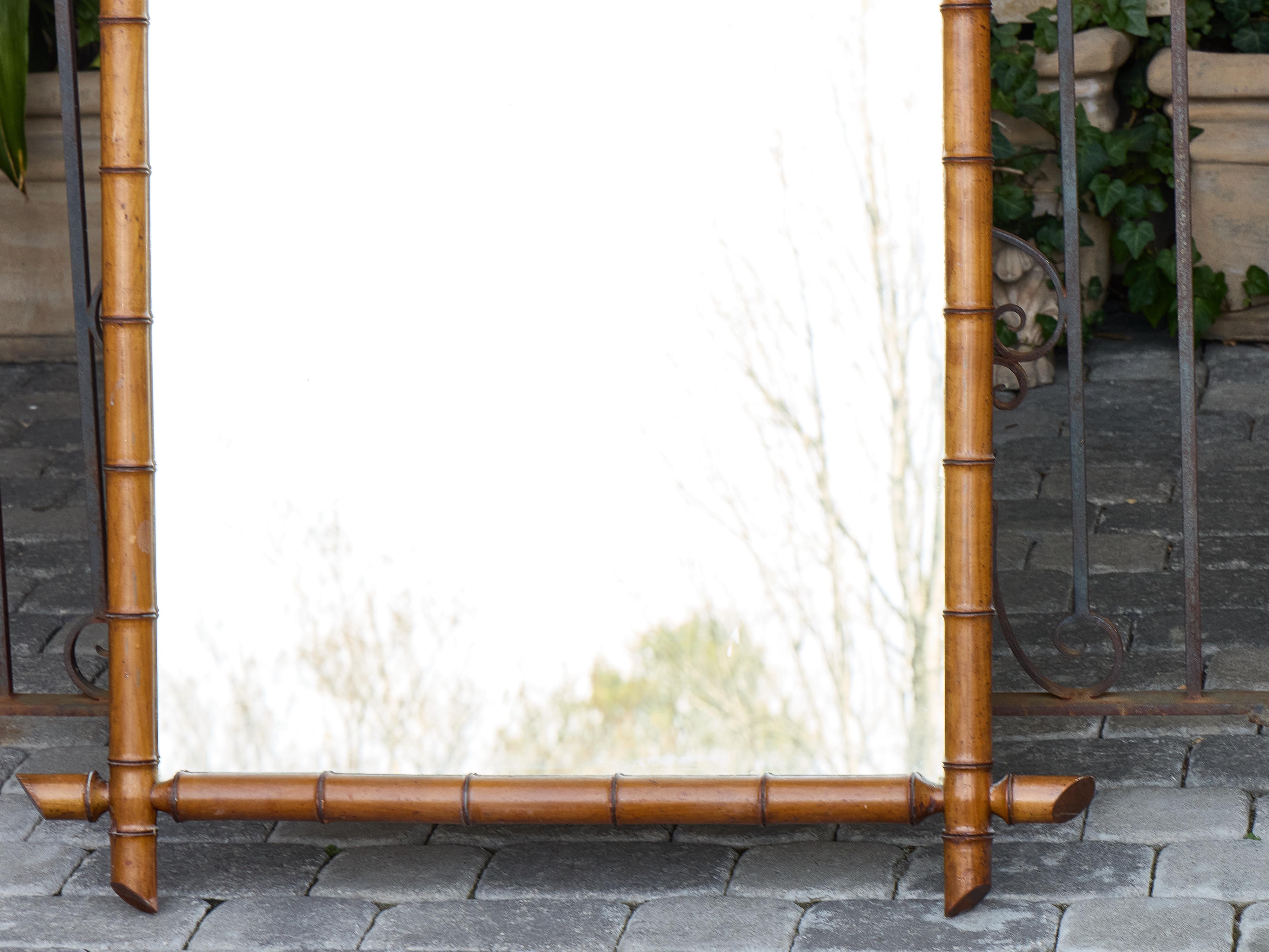 French Faux Bamboo Rectangular Mirror with Carved Frame, circa 1920 For Sale 2