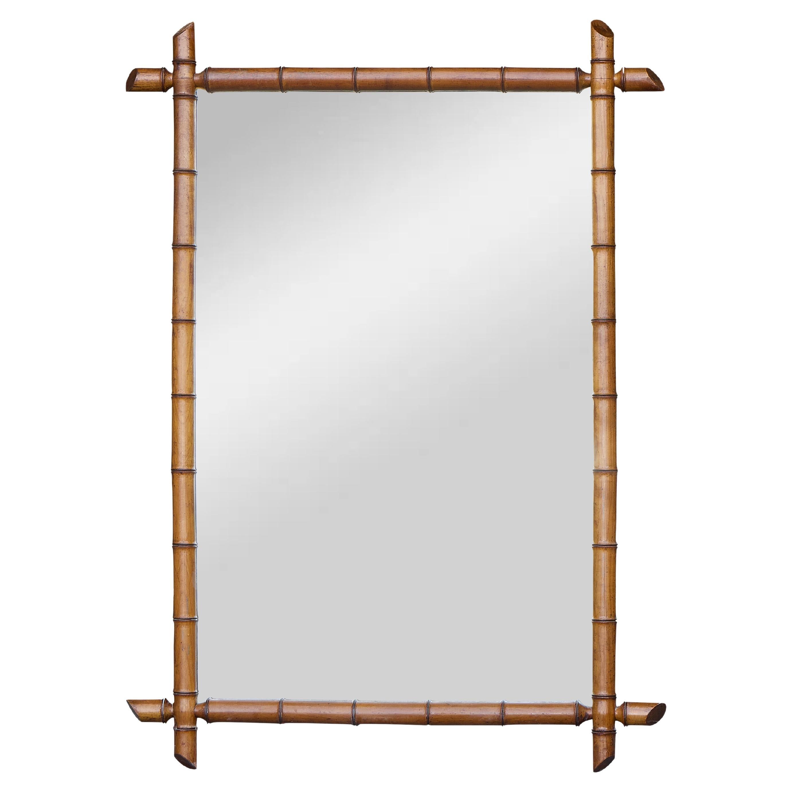 French Faux Bamboo Rectangular Mirror with Carved Frame, circa 1920