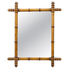 French Faux Bamboo Rectangular Wall Mirror with Turned Wood Frame, circa 1900