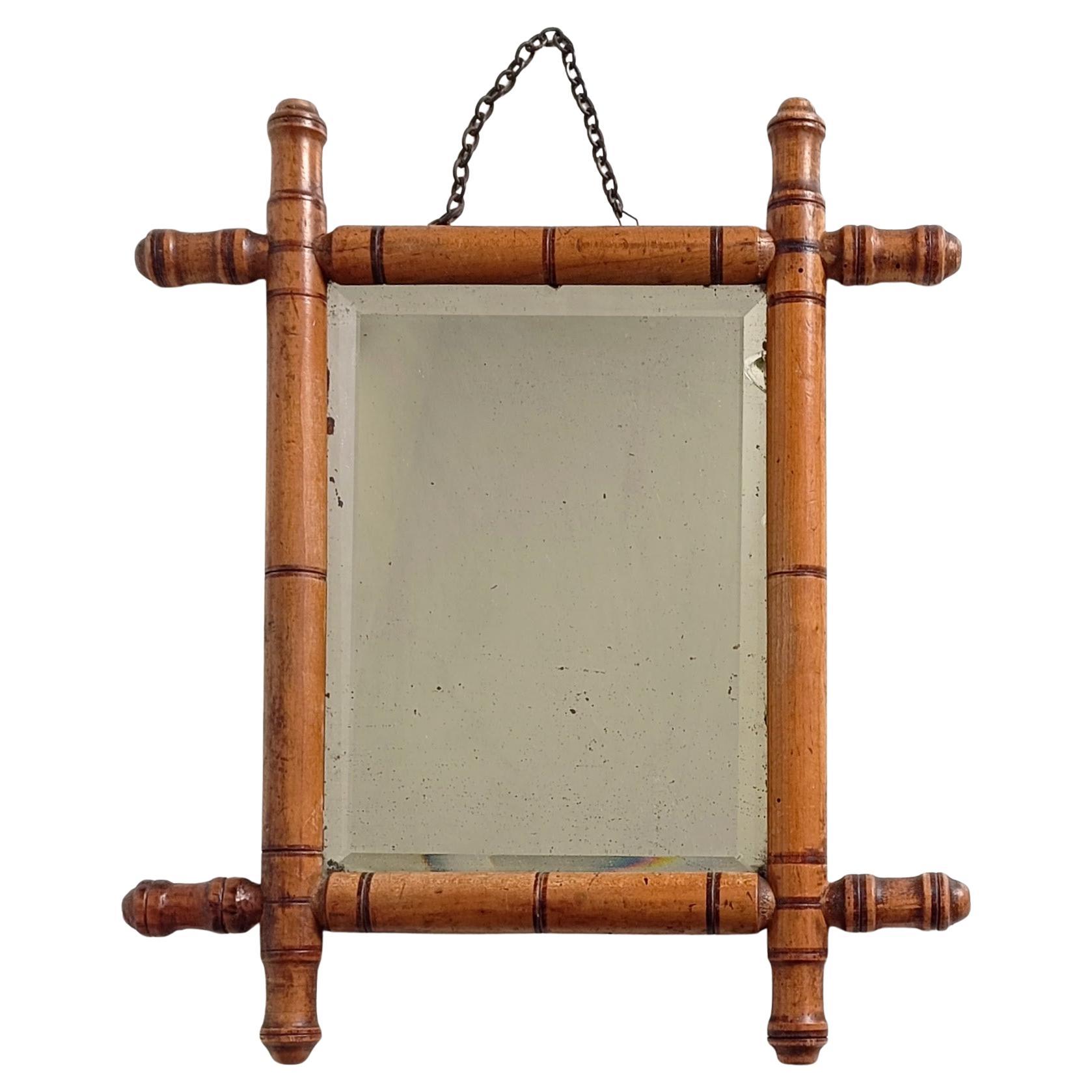French Faux Bamboo Small Wall Mirror With Patina, Turn of The Century en vente