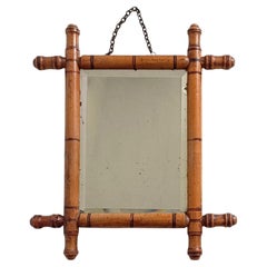 French Faux Bamboo Small Wall Mirror With Patina, Turn of The Century