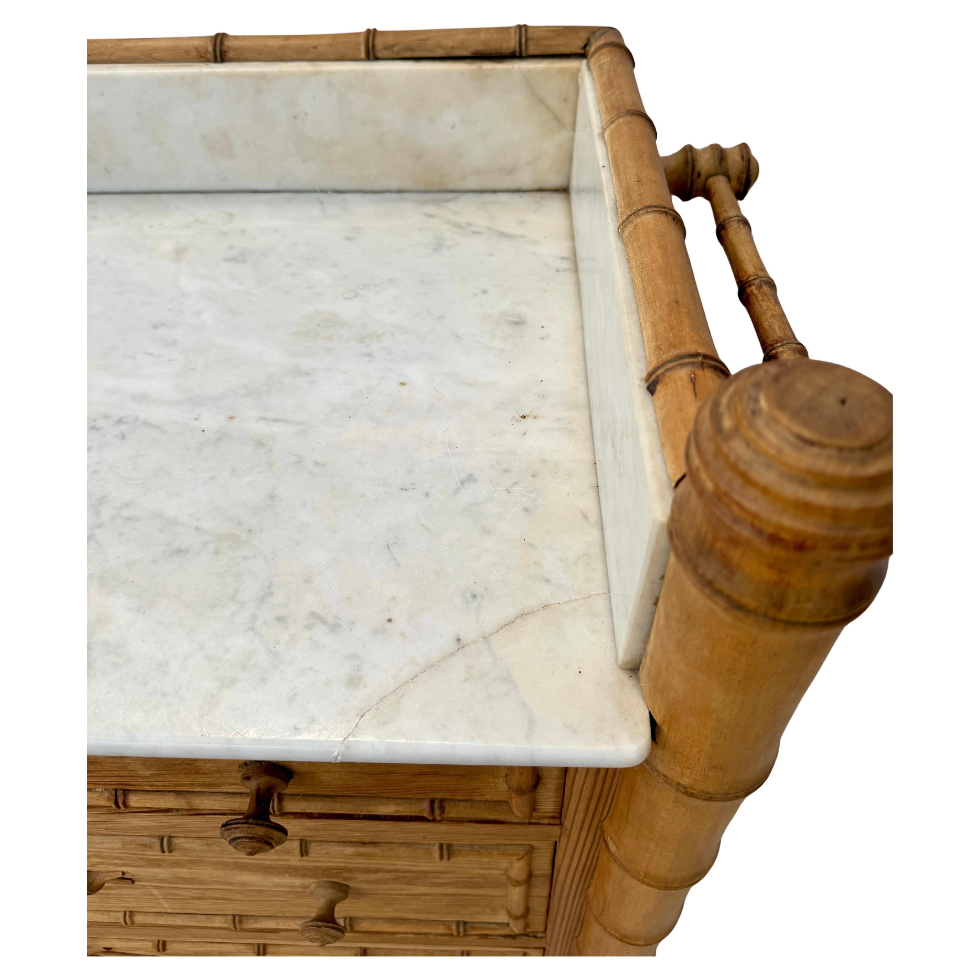 20th Century French Faux Bamboo Vanity Chest Of Drawers With Marble Top