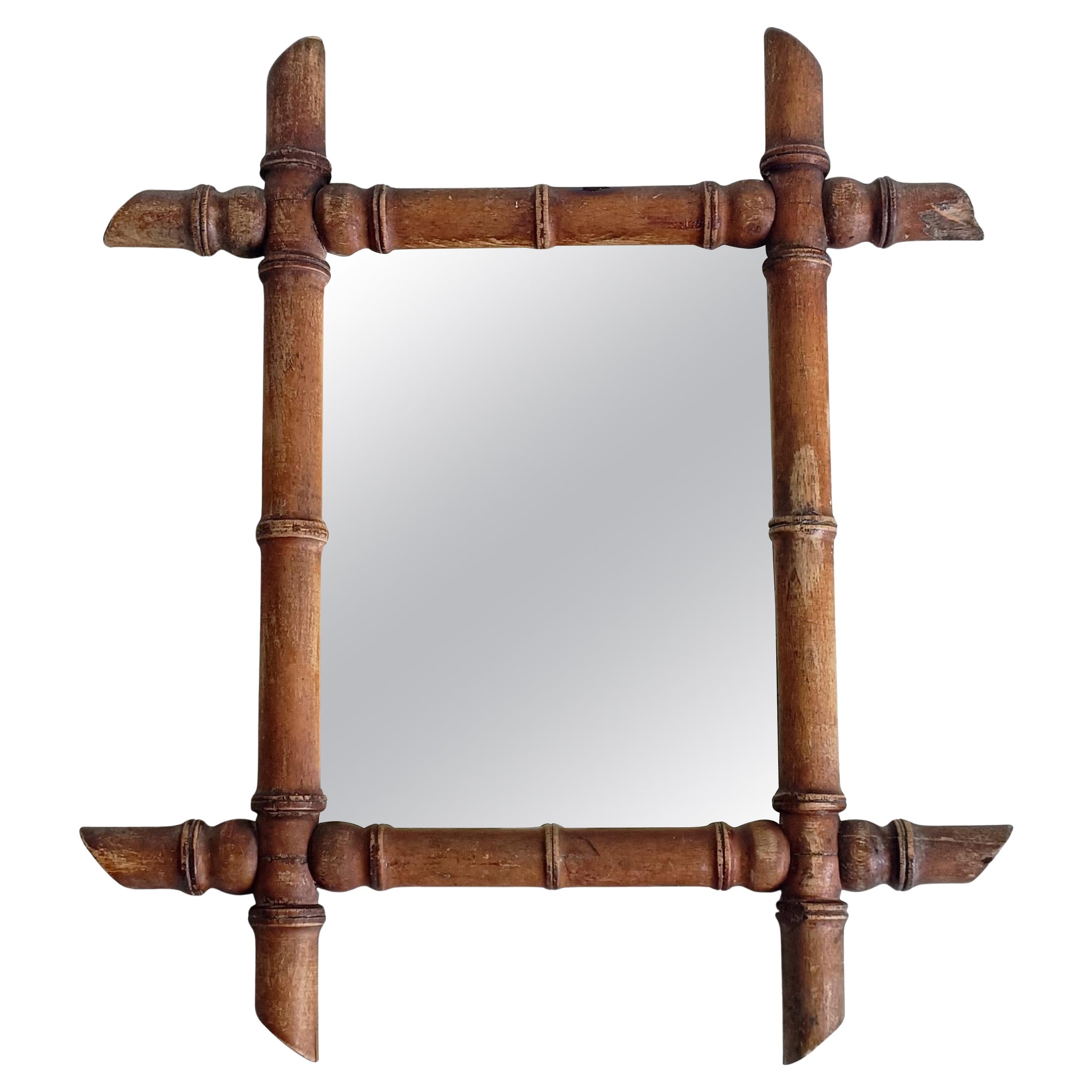 Specchio da parete francese in finto bambù, patina invecchiata, circa 1900