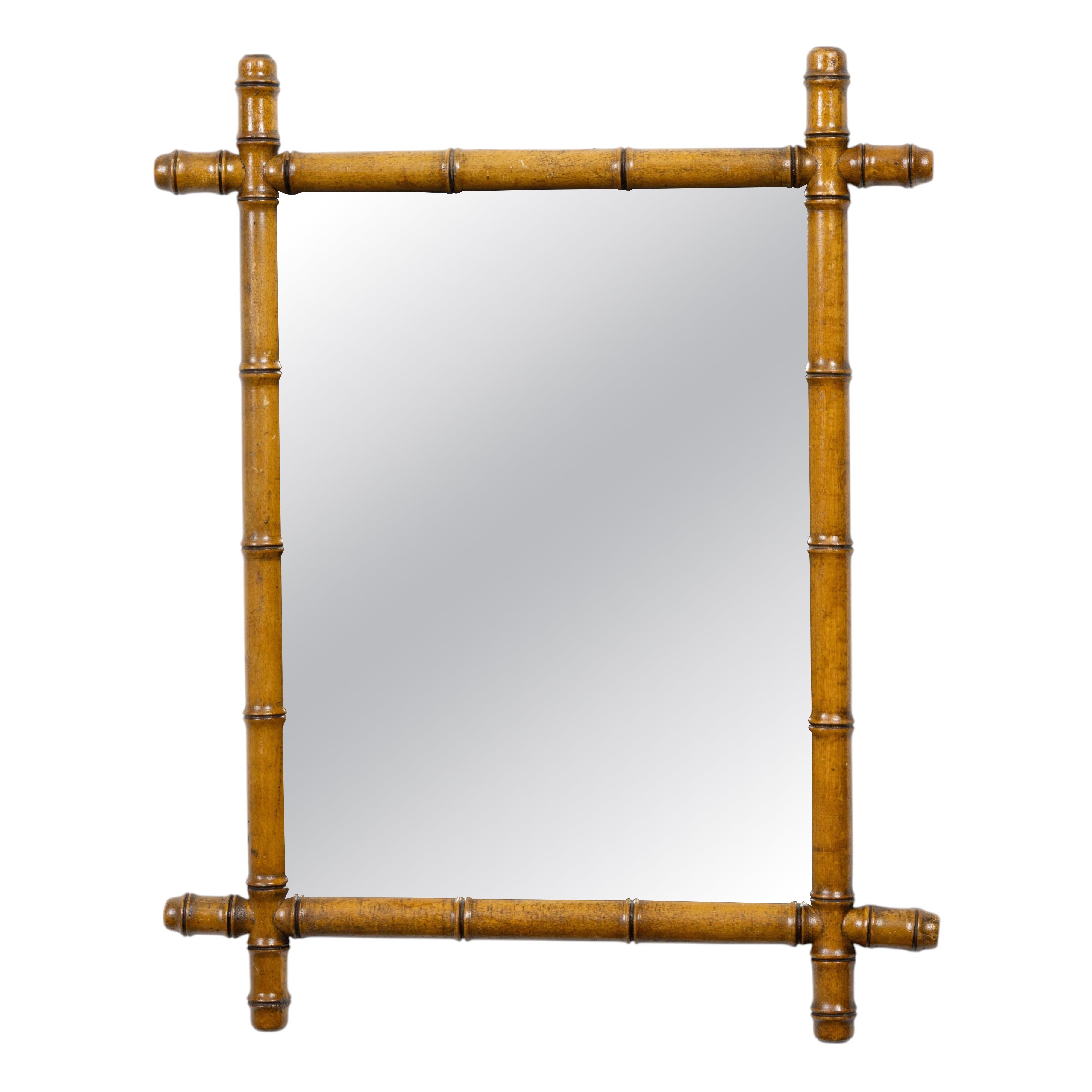 French Faux Bamboo Wall Mirror, Wood Frame, Turned Detail, Circa 1900