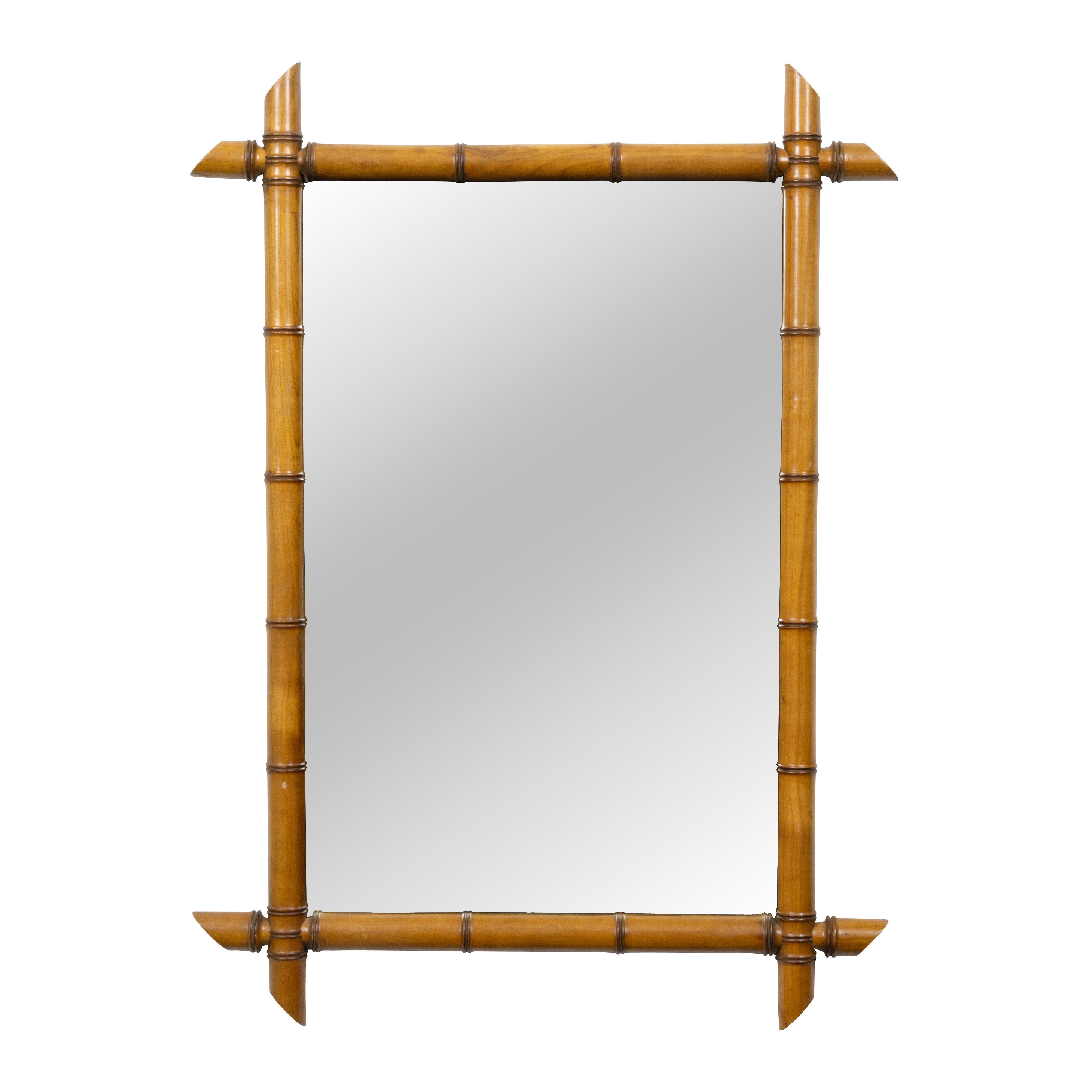 French Faux Bamboo Wall Mirror, Carved Wood, Circa 1900