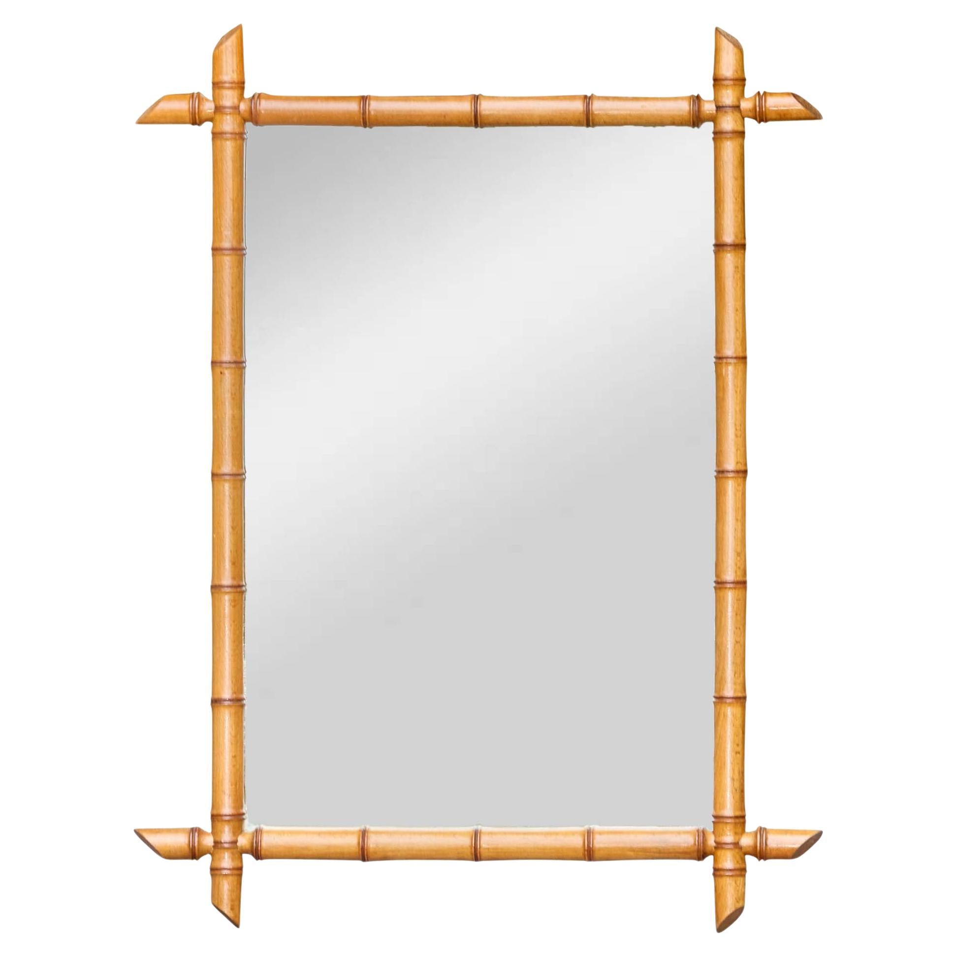 Specchio da parete francese in finto bambù con legno intagliato, circa 1900