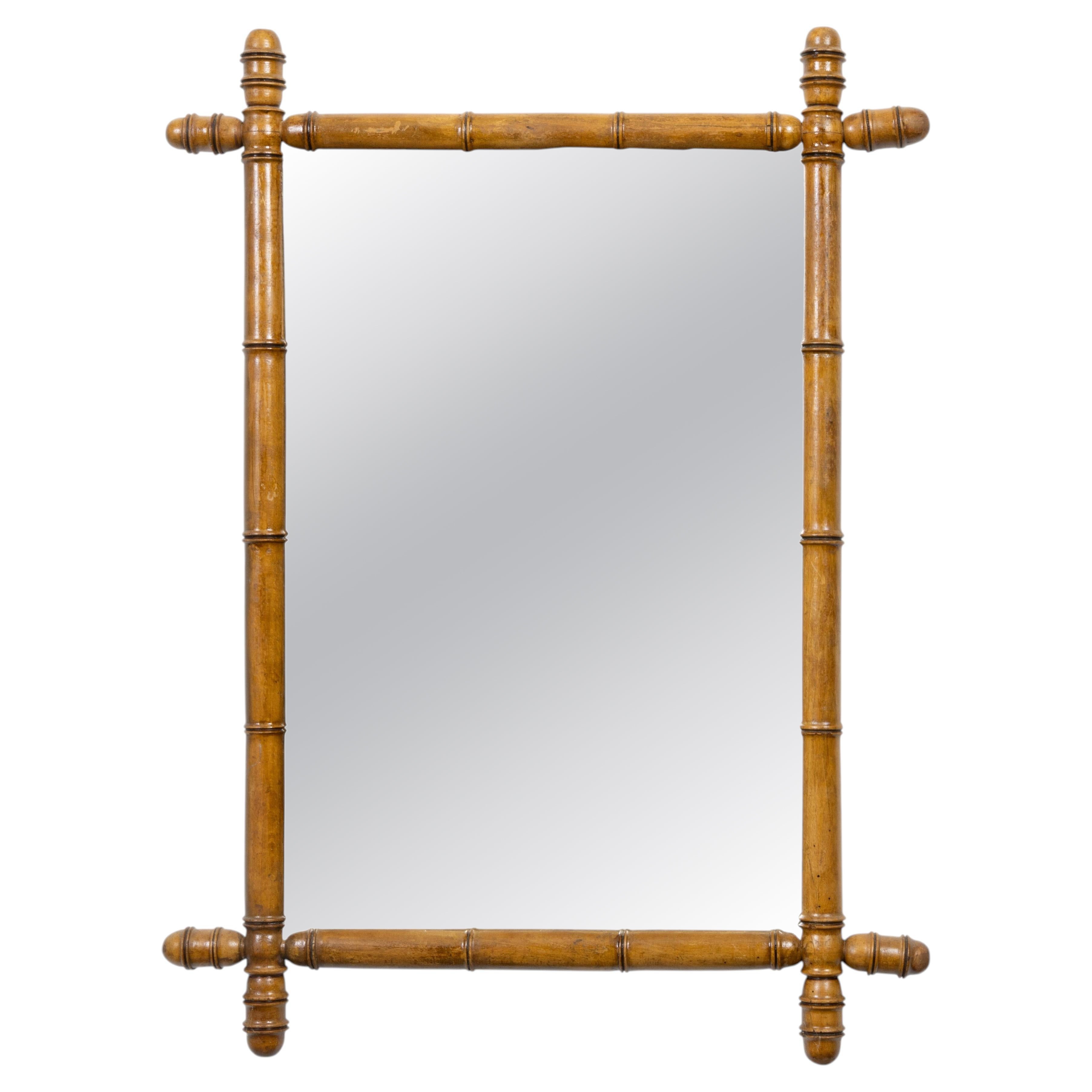 French Faux Bamboo Wall Mirror in Turned Wood, circa 1900