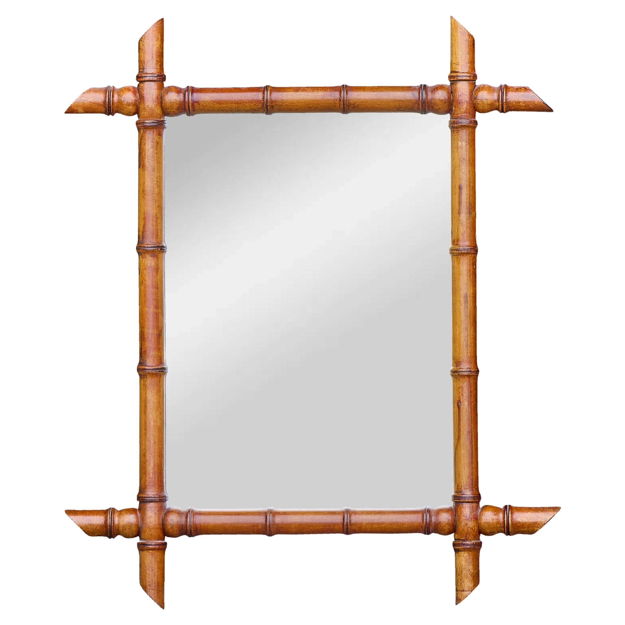 French Faux Bamboo Wall Mirror with Turned Wood Frame, circa 1900