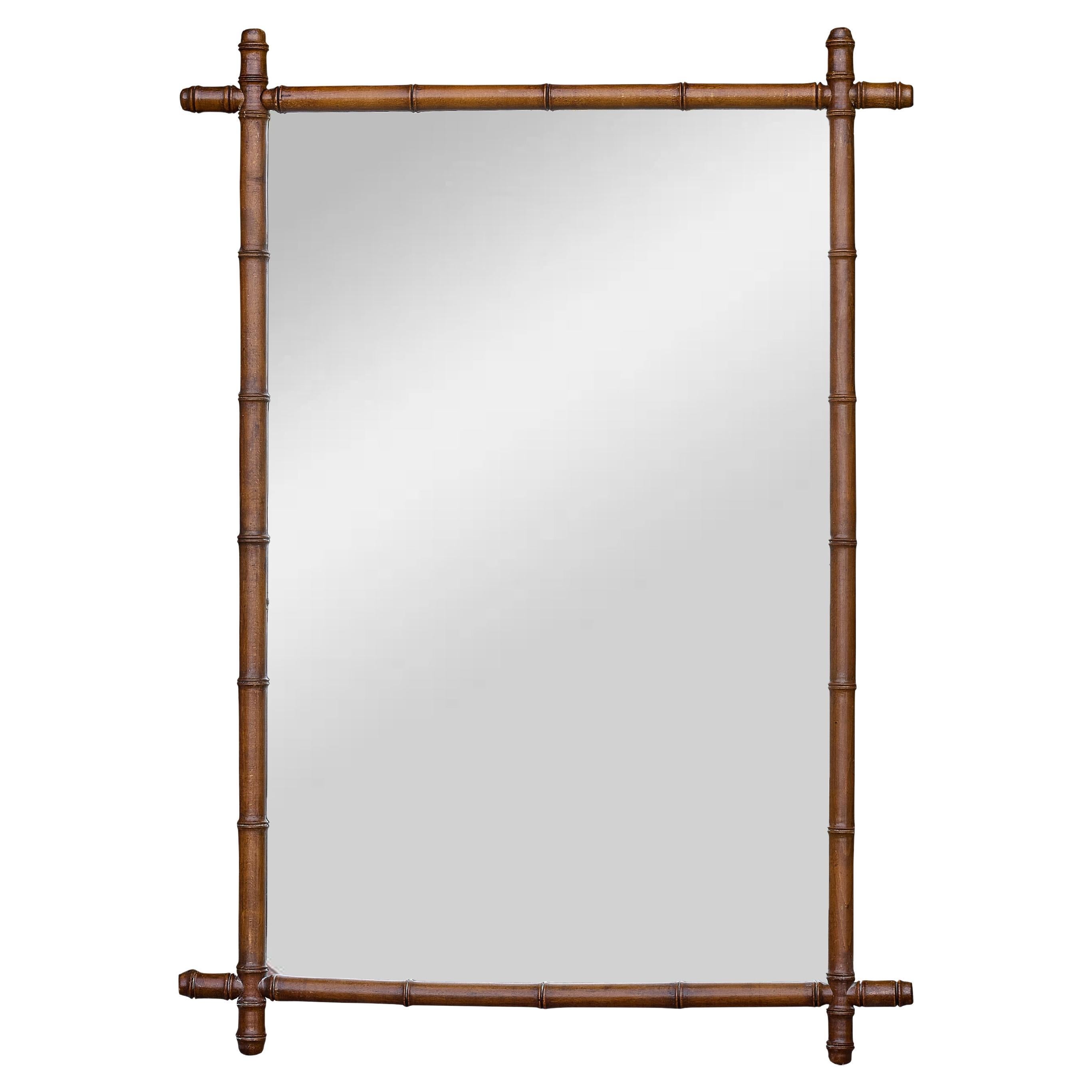 French Faux Bamboo Walnut Mirror with Hand-Carved Frame, circa 1920