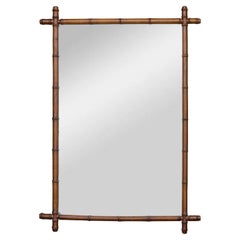 French Faux Bamboo Walnut Mirror with Hand-Carved Frame, circa 1920