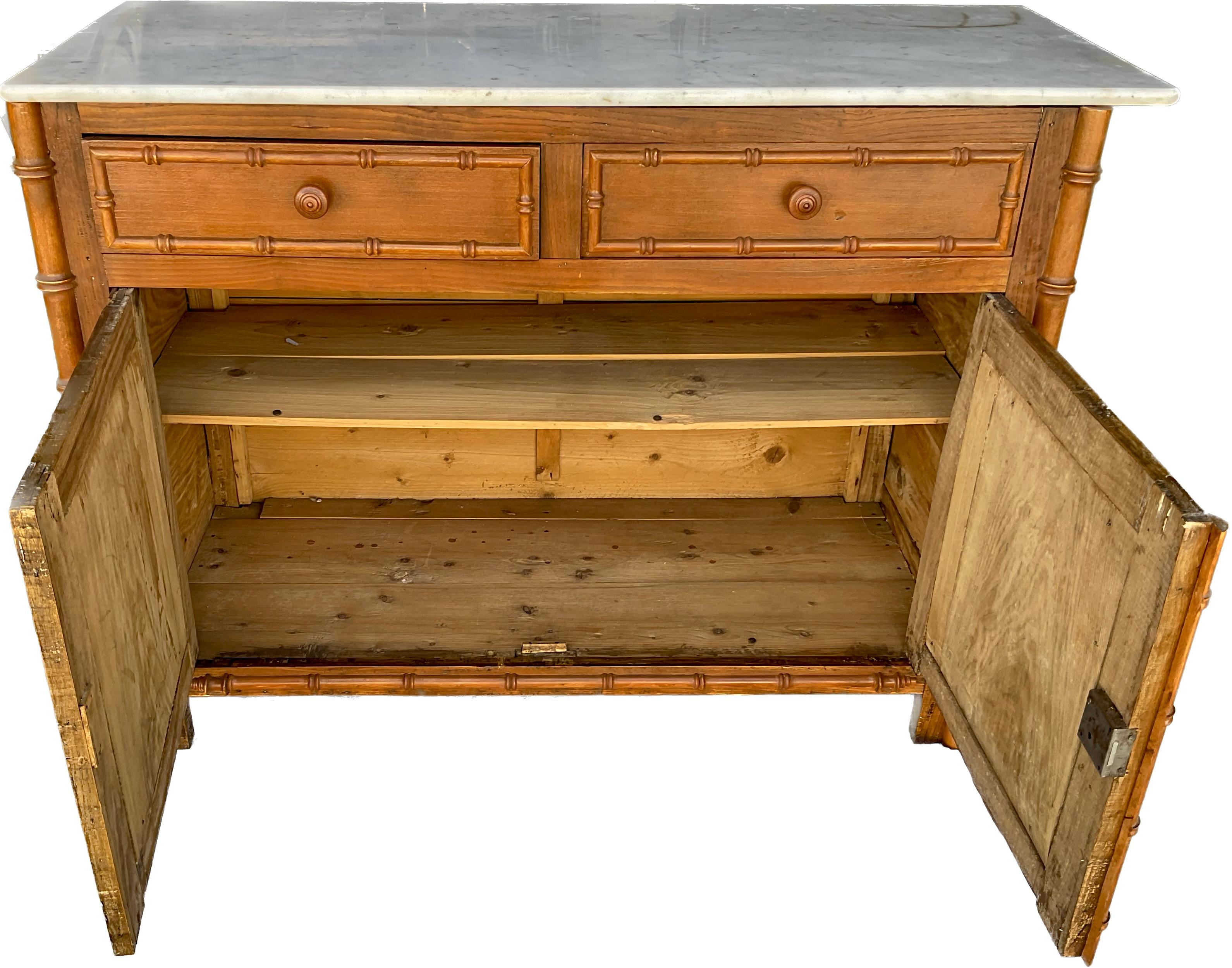 French faux bamboo white marble top commode buffet sideboard.