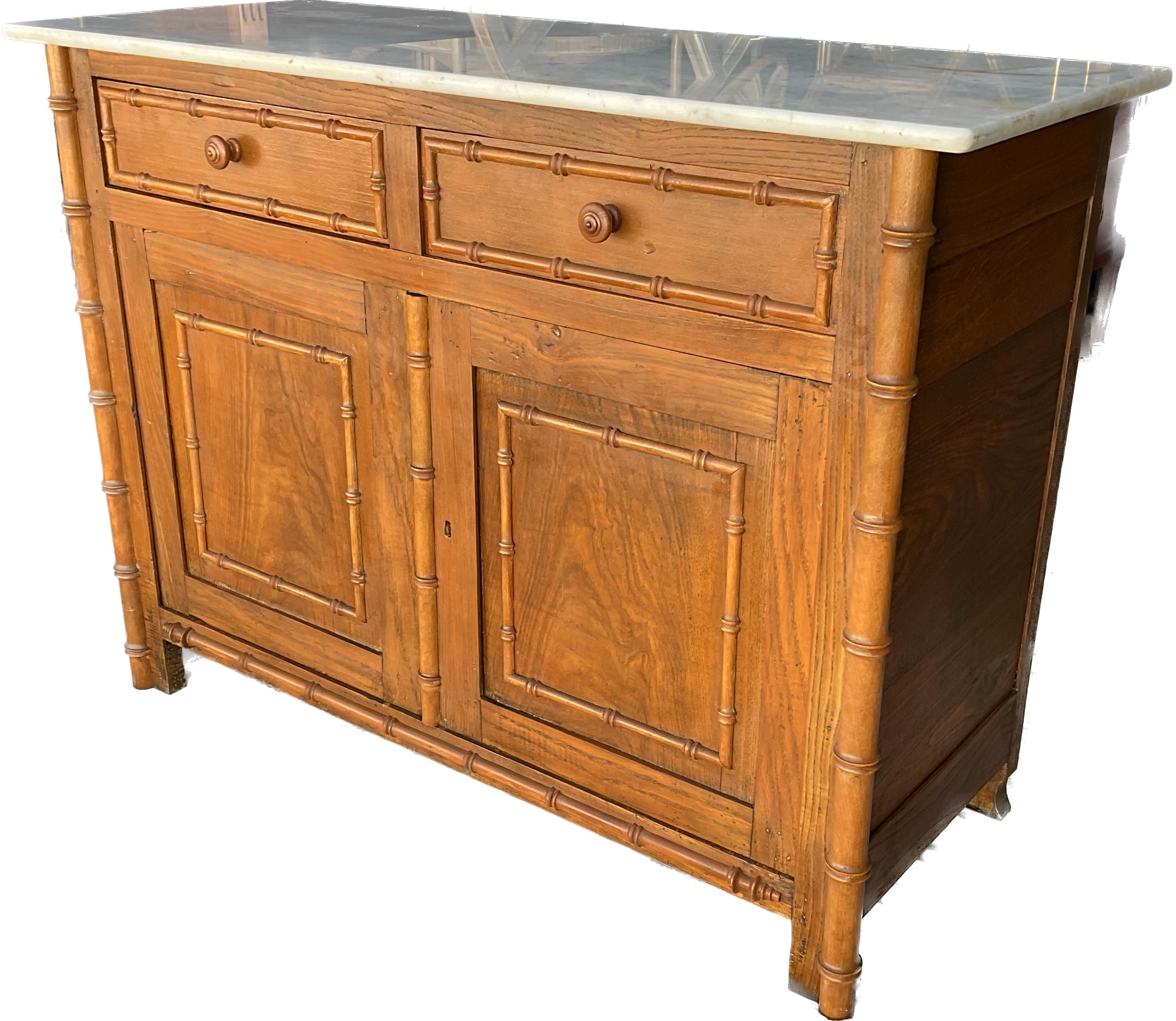 French Provincial French Faux Bamboo White Marble Top Buffet Sideboard