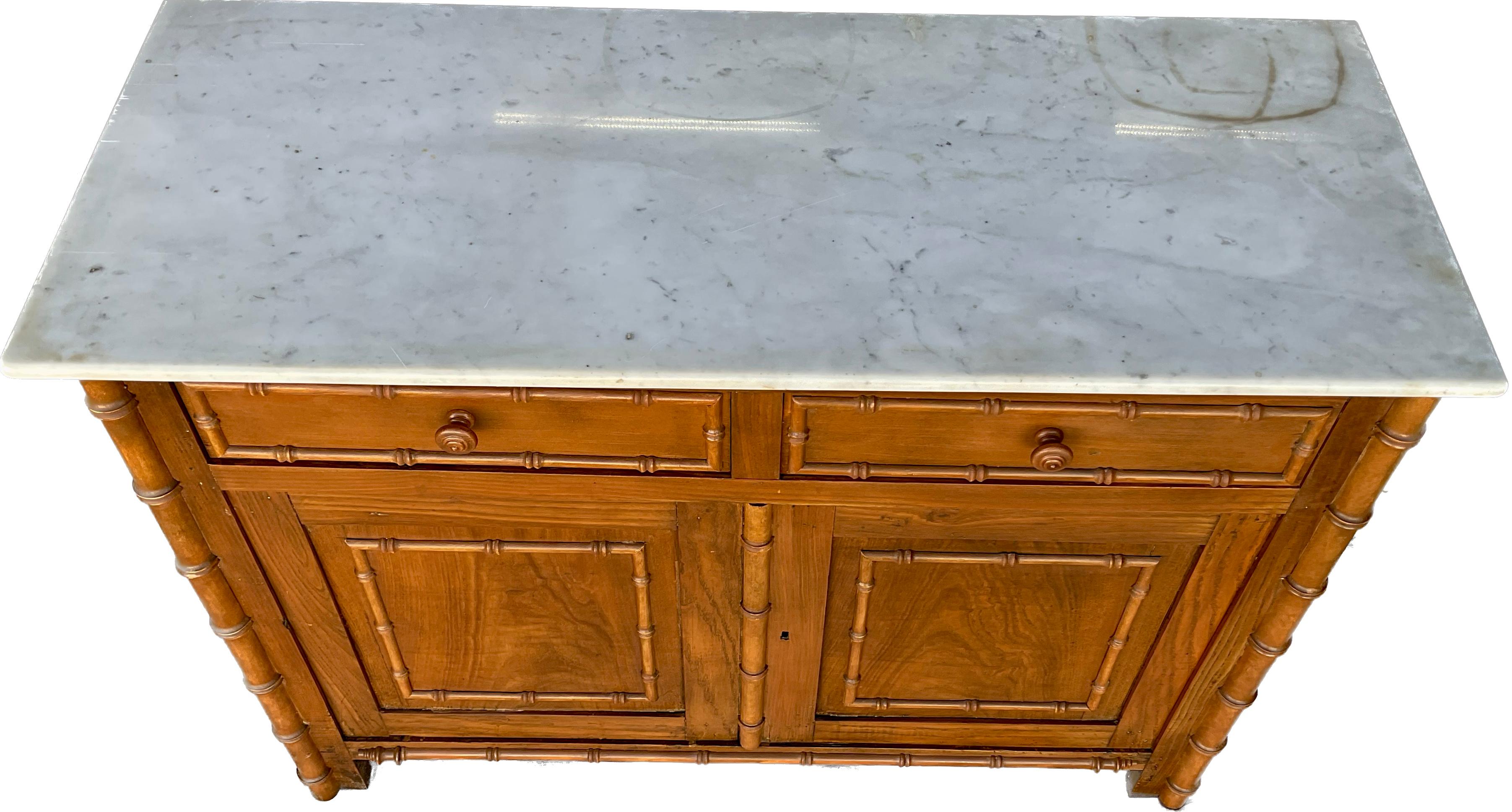 19th Century French Faux Bamboo White Marble Top Buffet Sideboard