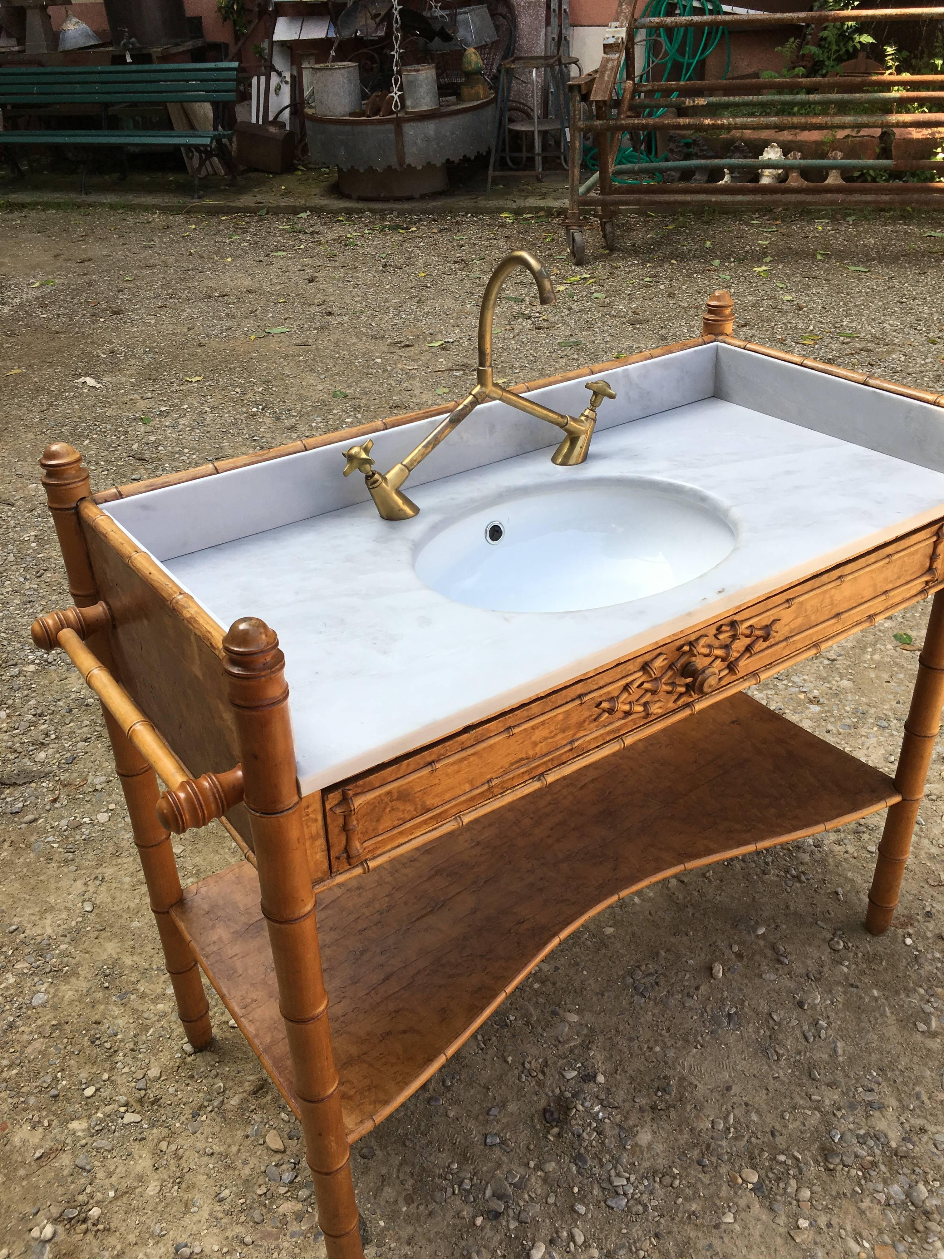 French Faux Bamboo with Marble Top Sink and Brass Faucet from 19th Century 6