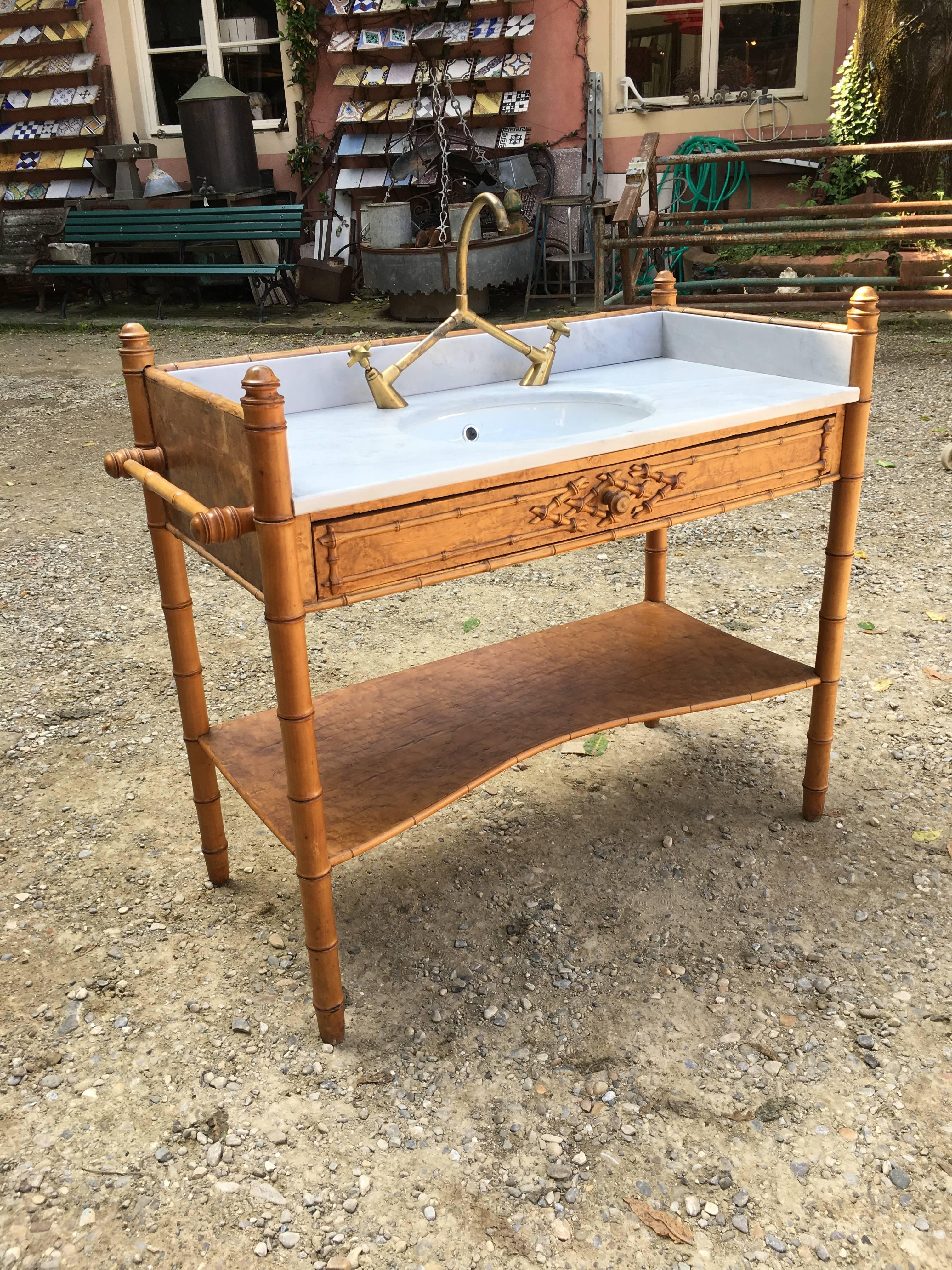 French Faux Bamboo with Marble Top Sink and Brass Faucet from 19th Century 7