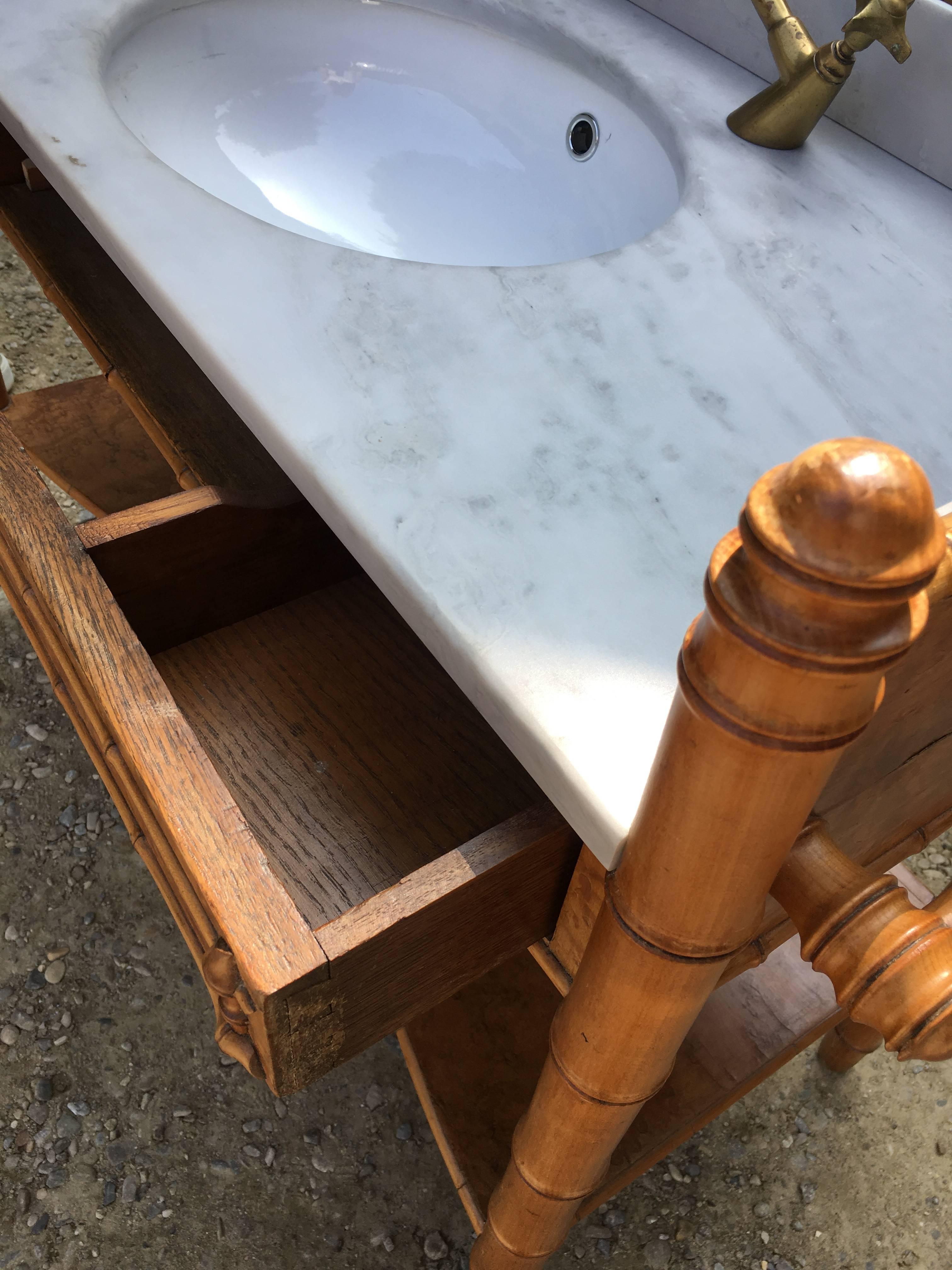 French Faux Bamboo with Marble Top Sink and Brass Faucet from 19th Century 10