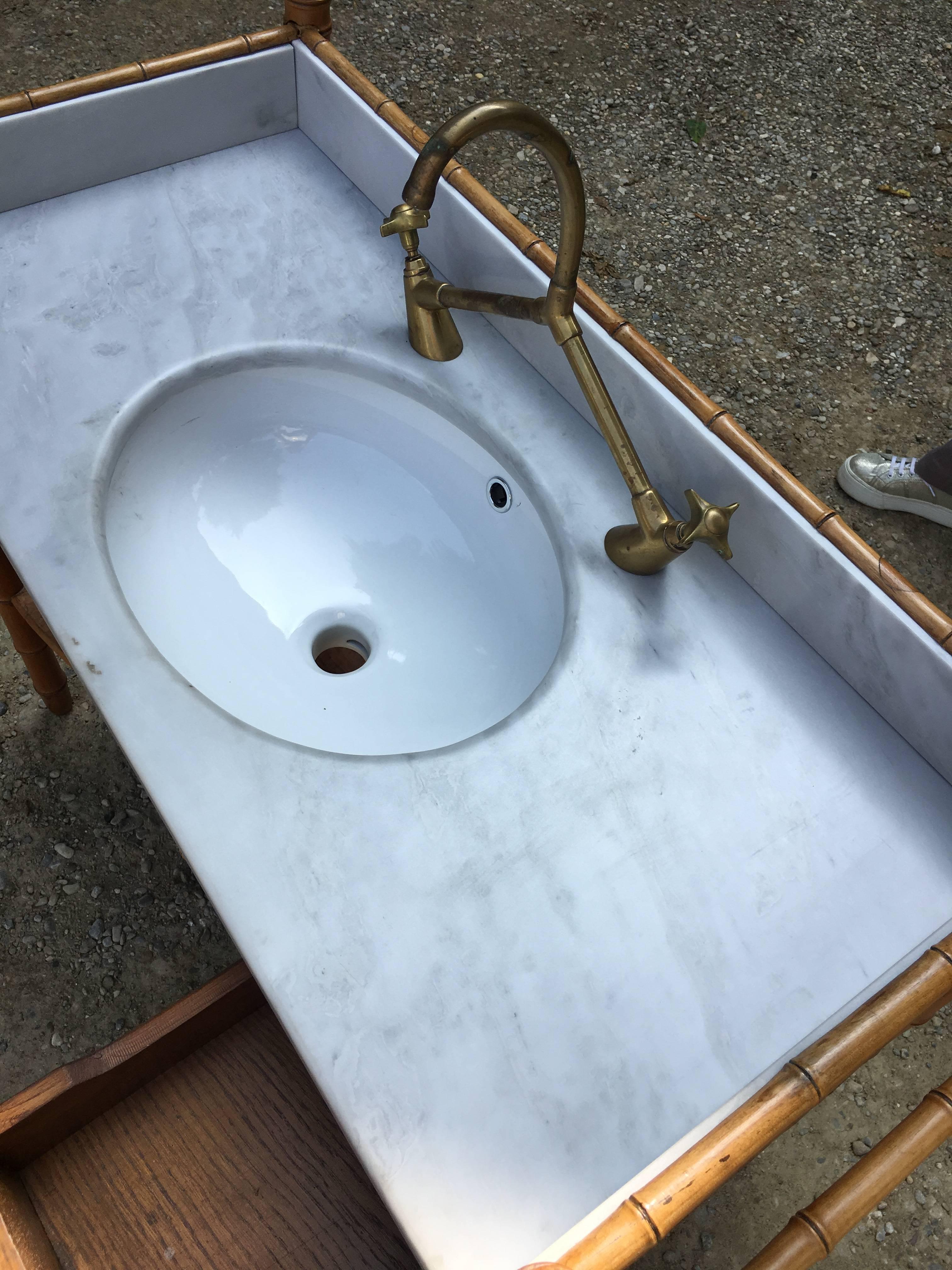 French Faux Bamboo with Marble Top Sink and Brass Faucet from 19th Century 12