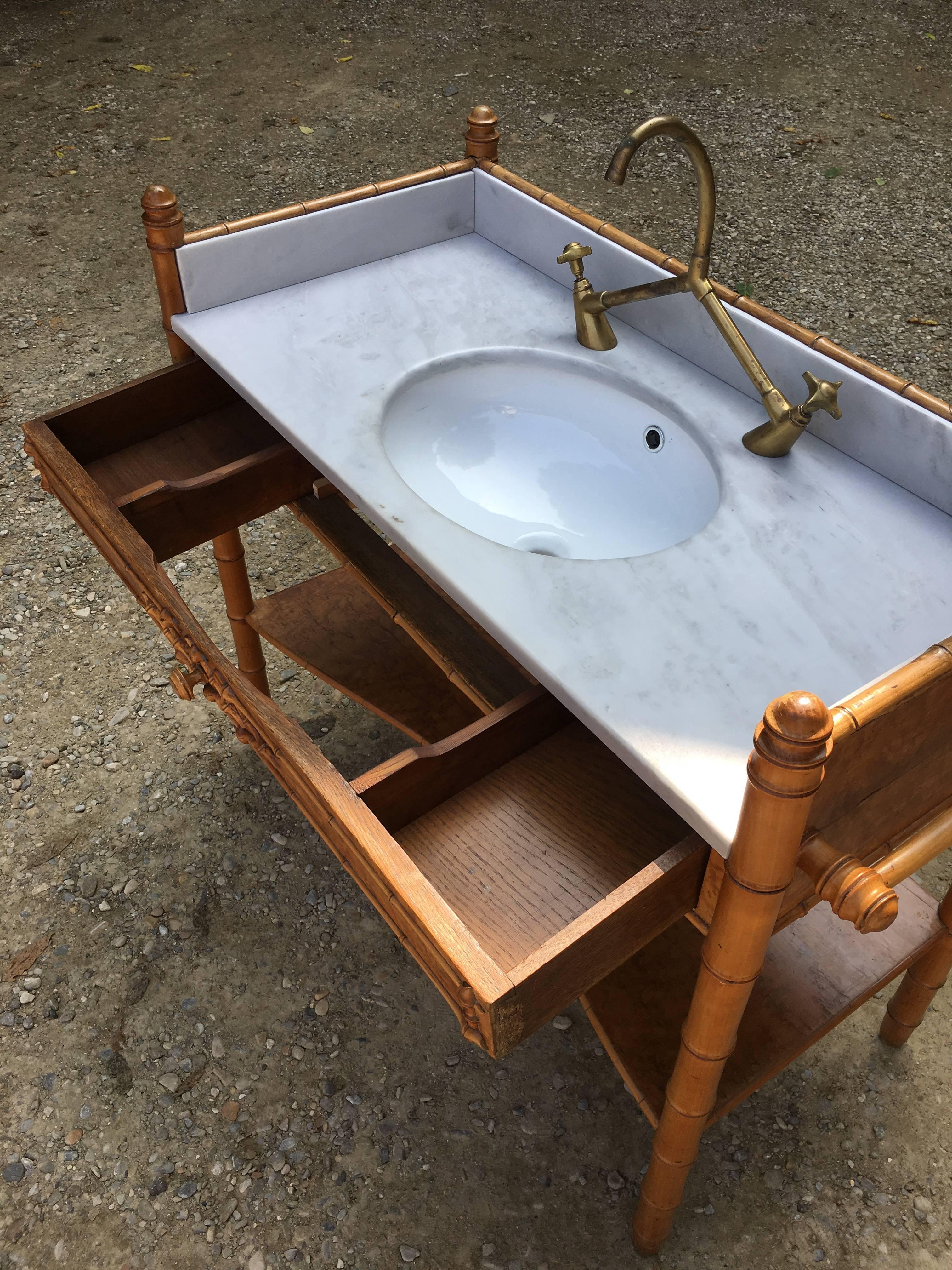 French Faux Bamboo with Marble Top Sink and Brass Faucet from 19th Century 14
