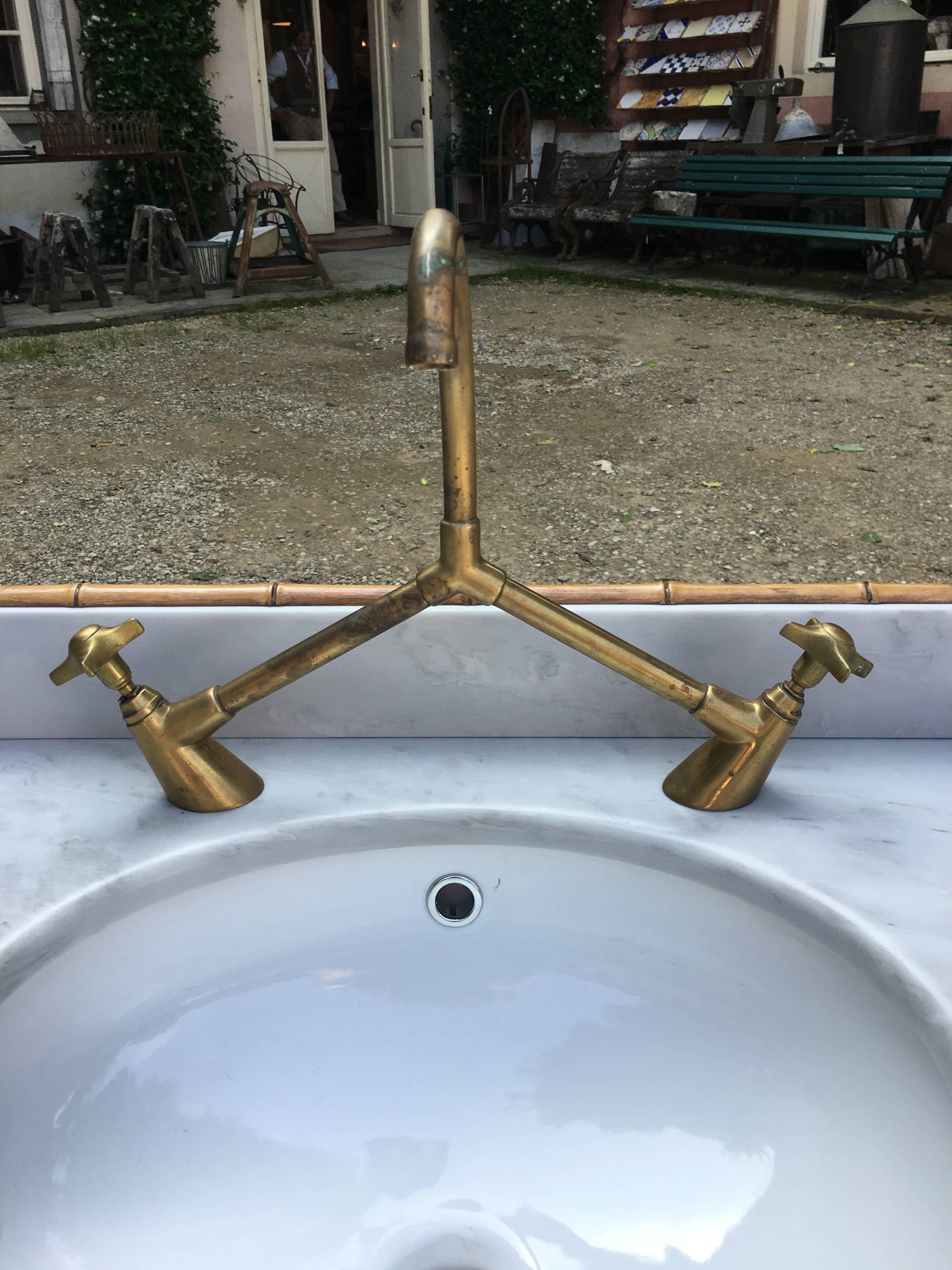 French Faux Bamboo with Marble Top Sink and Brass Faucet from 19th Century 1