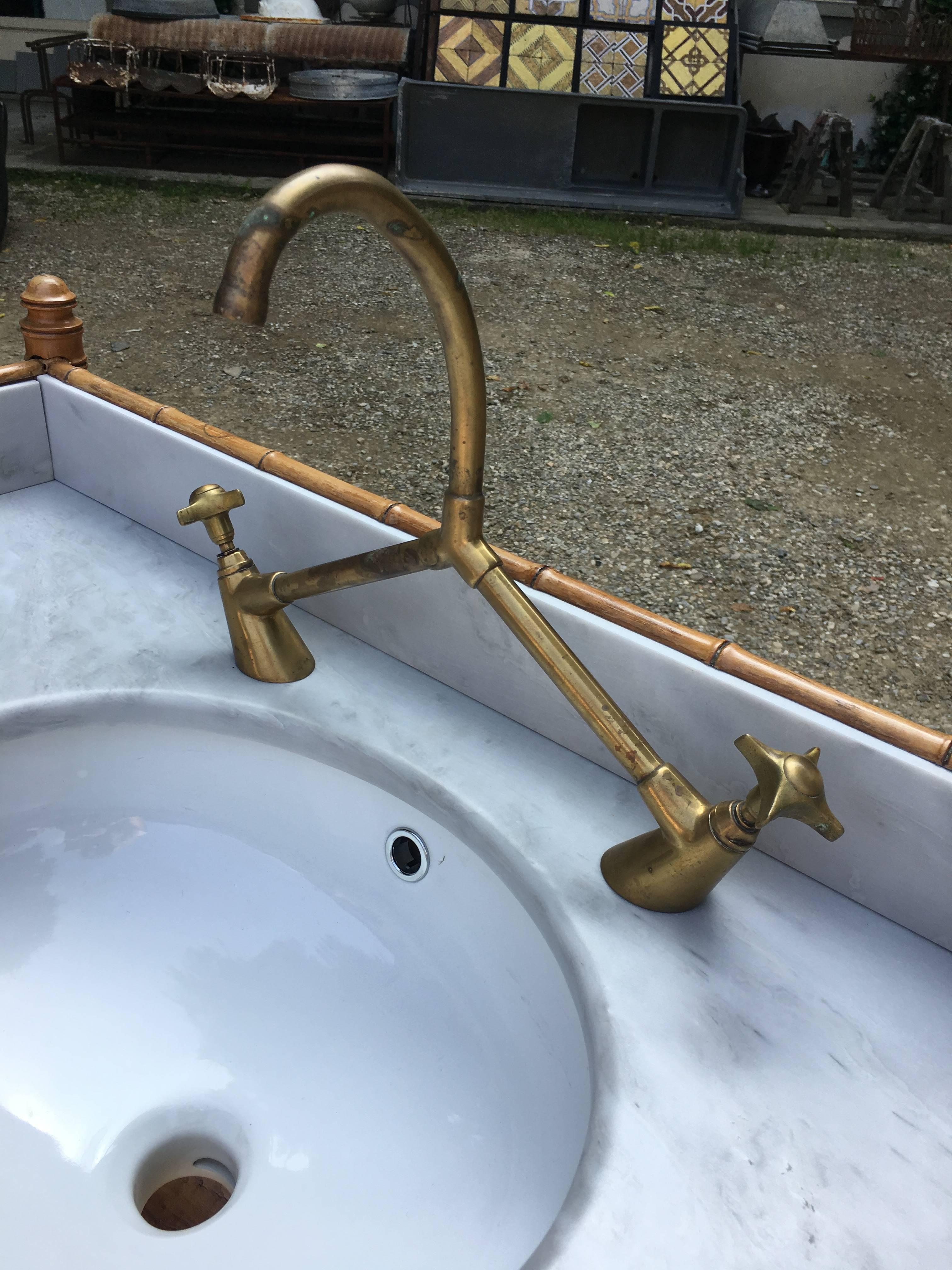 French Faux Bamboo with Marble Top Sink and Brass Faucet from 19th Century 2