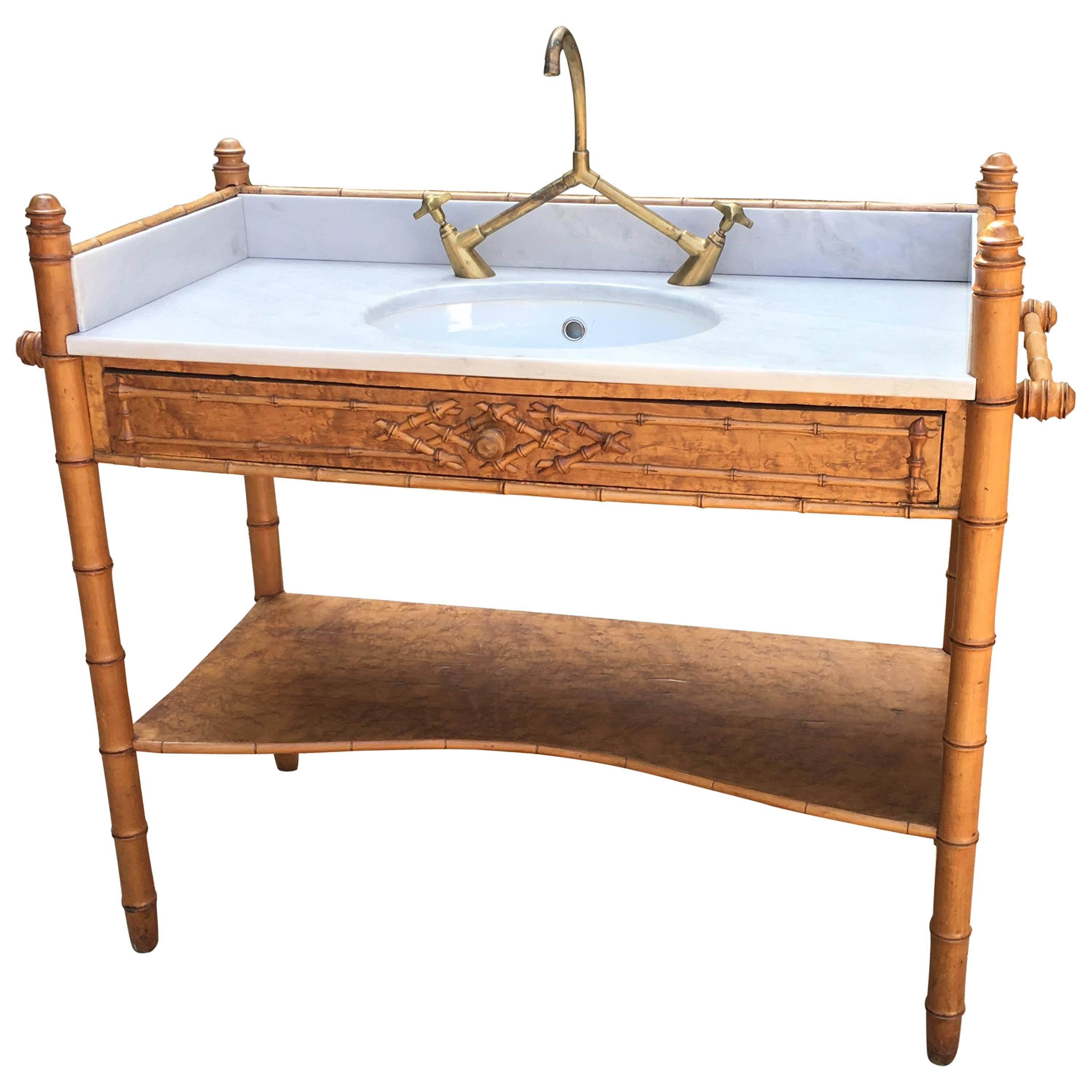 French Faux Bamboo with Marble Top Sink and Brass Faucet from 19th Century