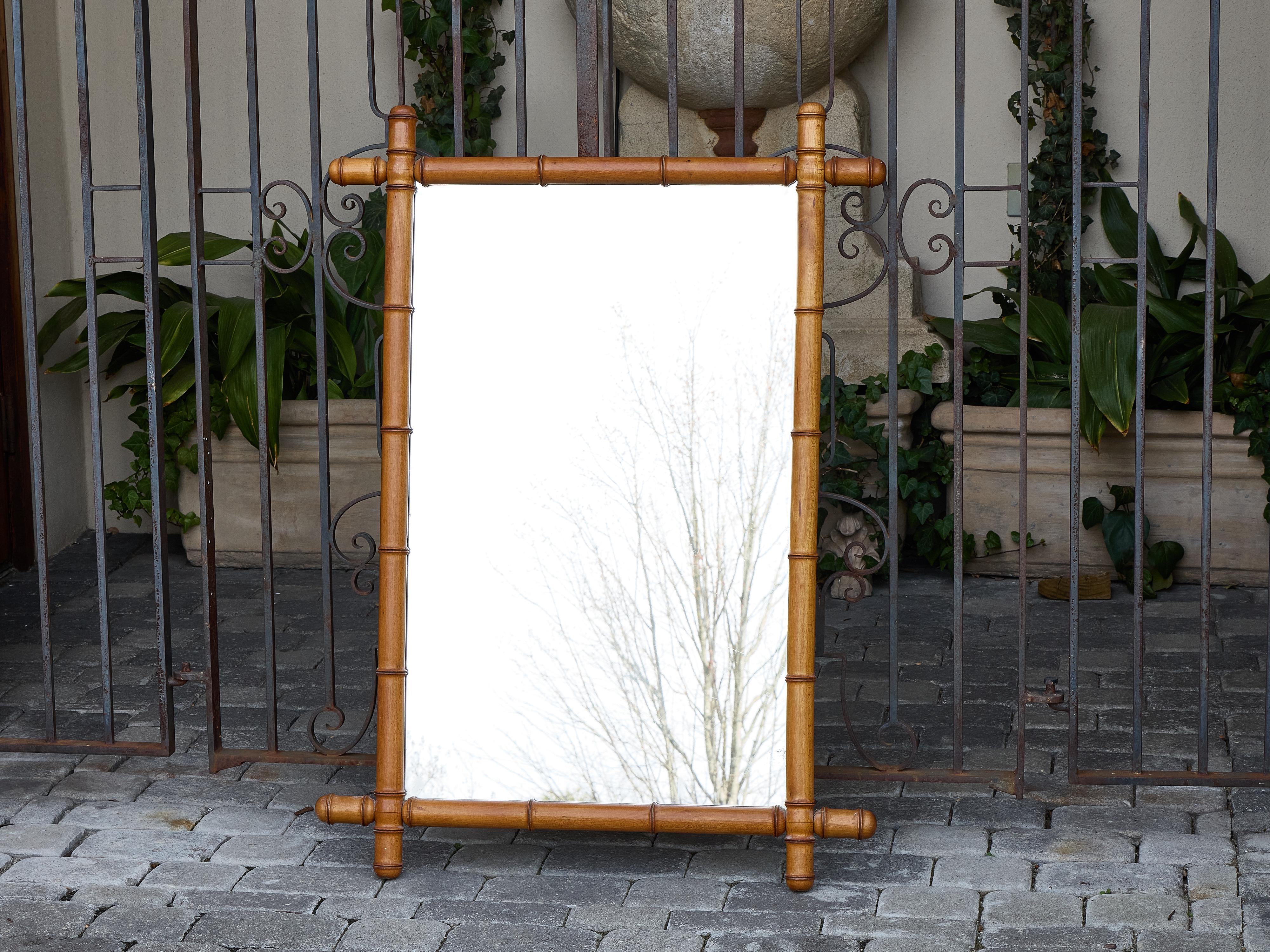 French Faux Bamboo Wooden Mirror with Turned Finials, circa 1920 For Sale 8