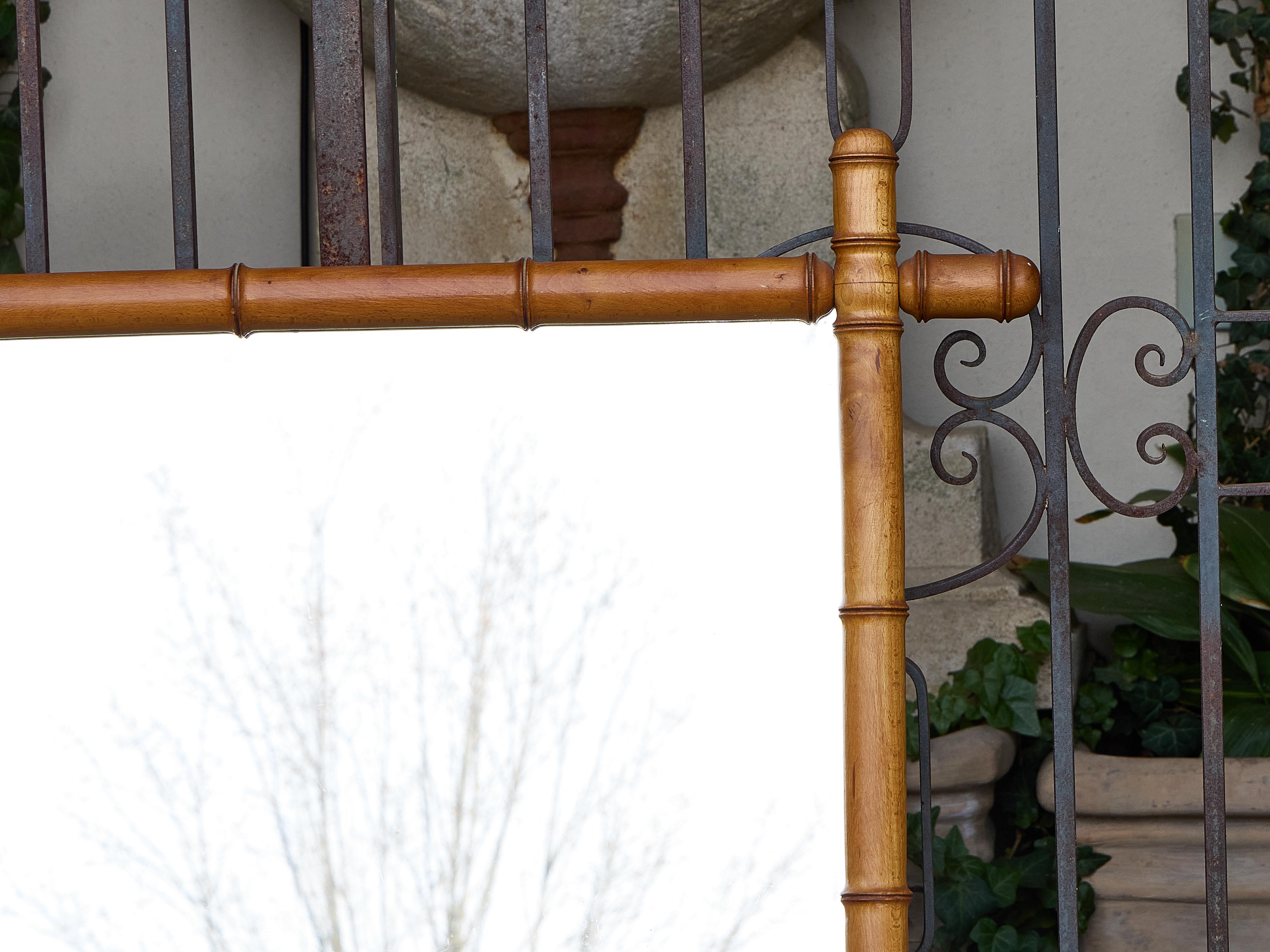 Rustic French Faux Bamboo Wooden Mirror with Turned Finials, circa 1920 For Sale