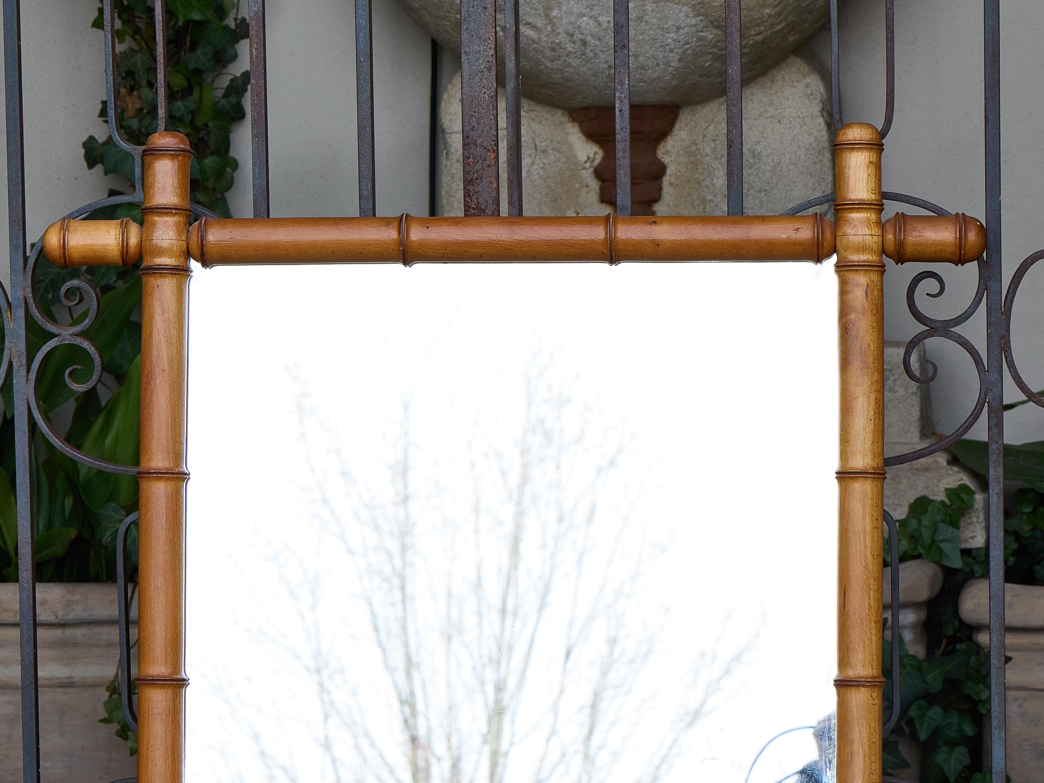 Carved French Faux Bamboo Wooden Mirror with Turned Finials, circa 1920 For Sale