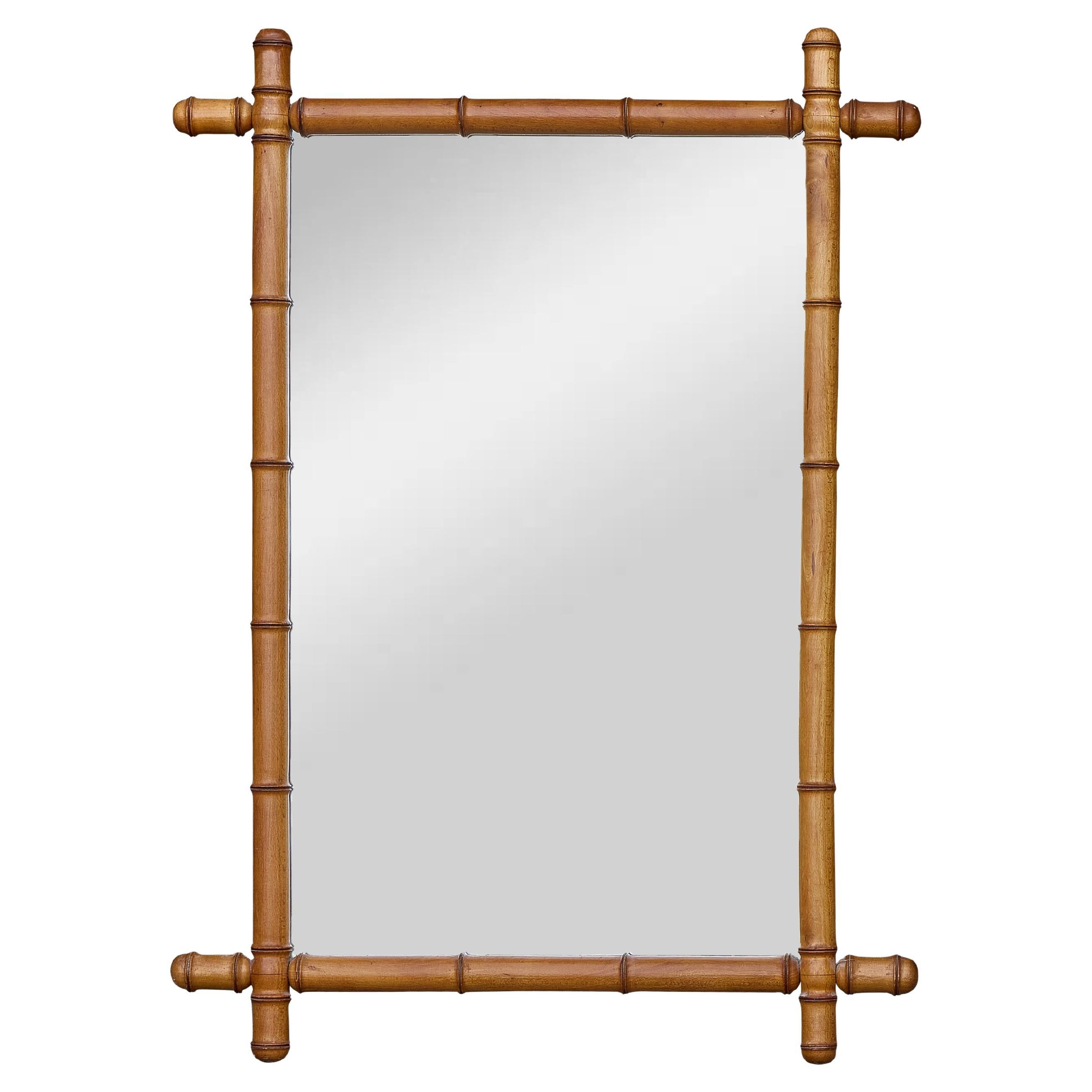 French Faux Bamboo Wooden Mirror with Turned Finials, circa 1920