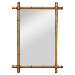 Antique French Faux Bamboo Wooden Mirror with Turned Finials, circa 1920