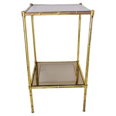 Vintage French Faux-Bambou Brass and Smoked Glass Side Table Sellette Maison Bagues St